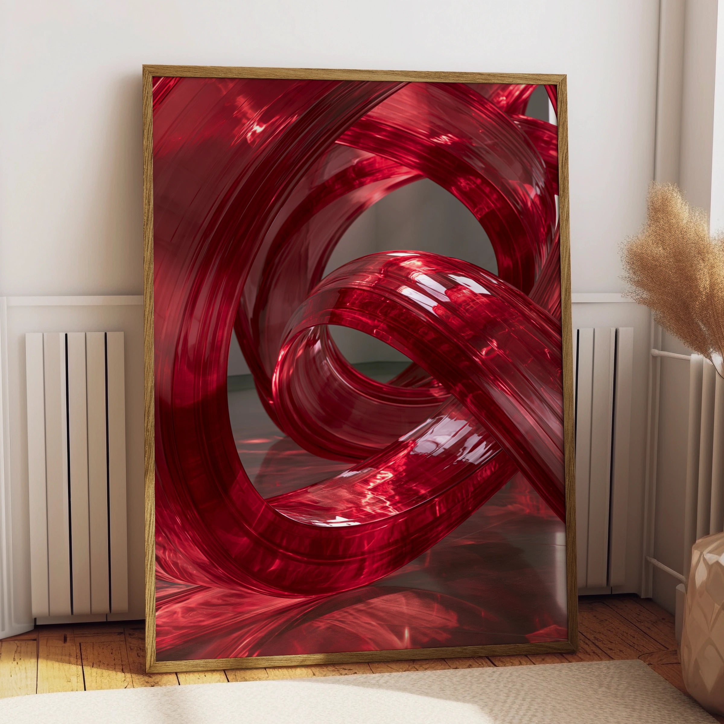 Red Abstract Modern Wall Art Poster, Glossy 3D Swirl Print