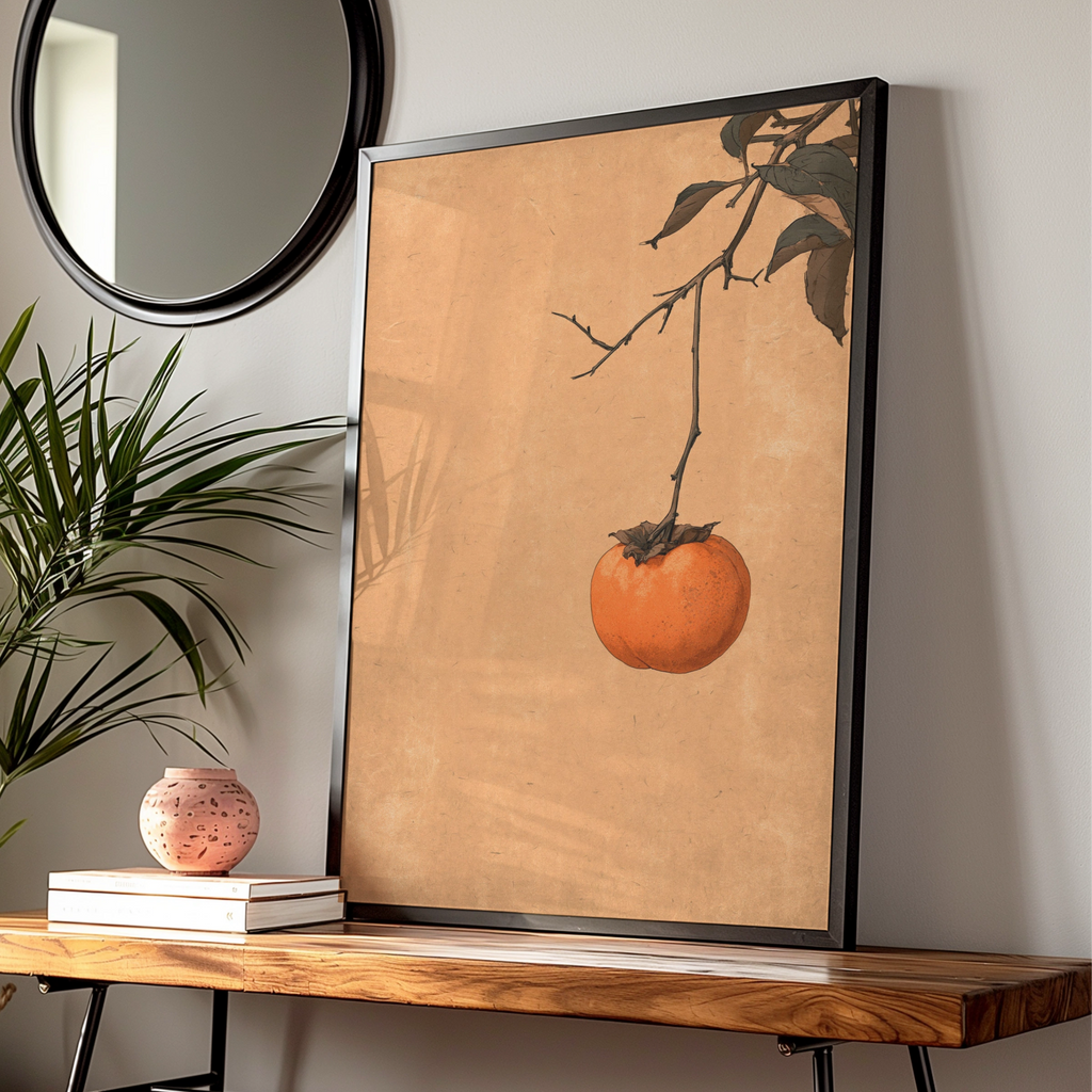 Persimmon Study Wall Art Poster, Botanical Fruit Print, Japanese Ink Style