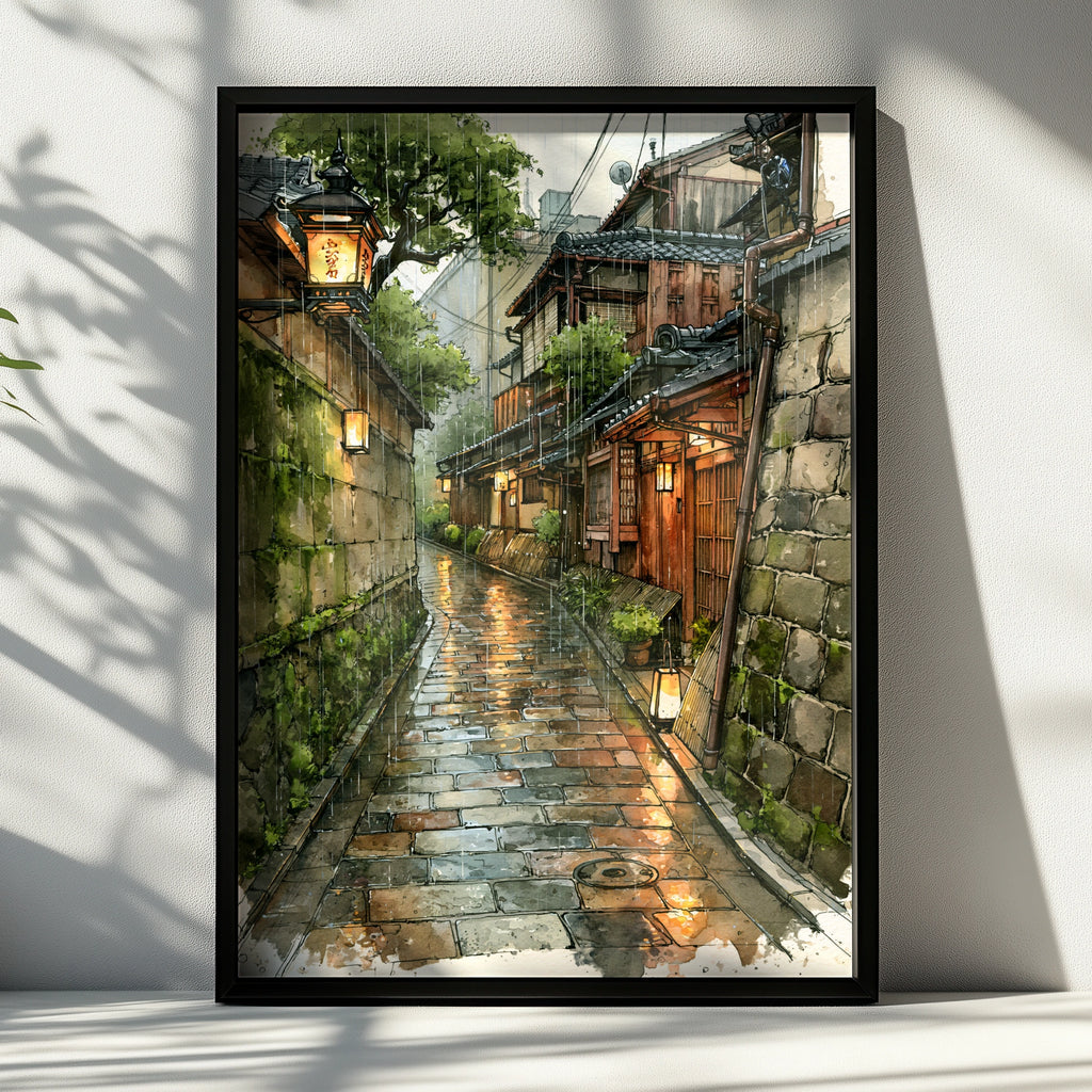 Kyoto Rainy Street Poster, Japanese Alley Wall Art, Watercolour Print