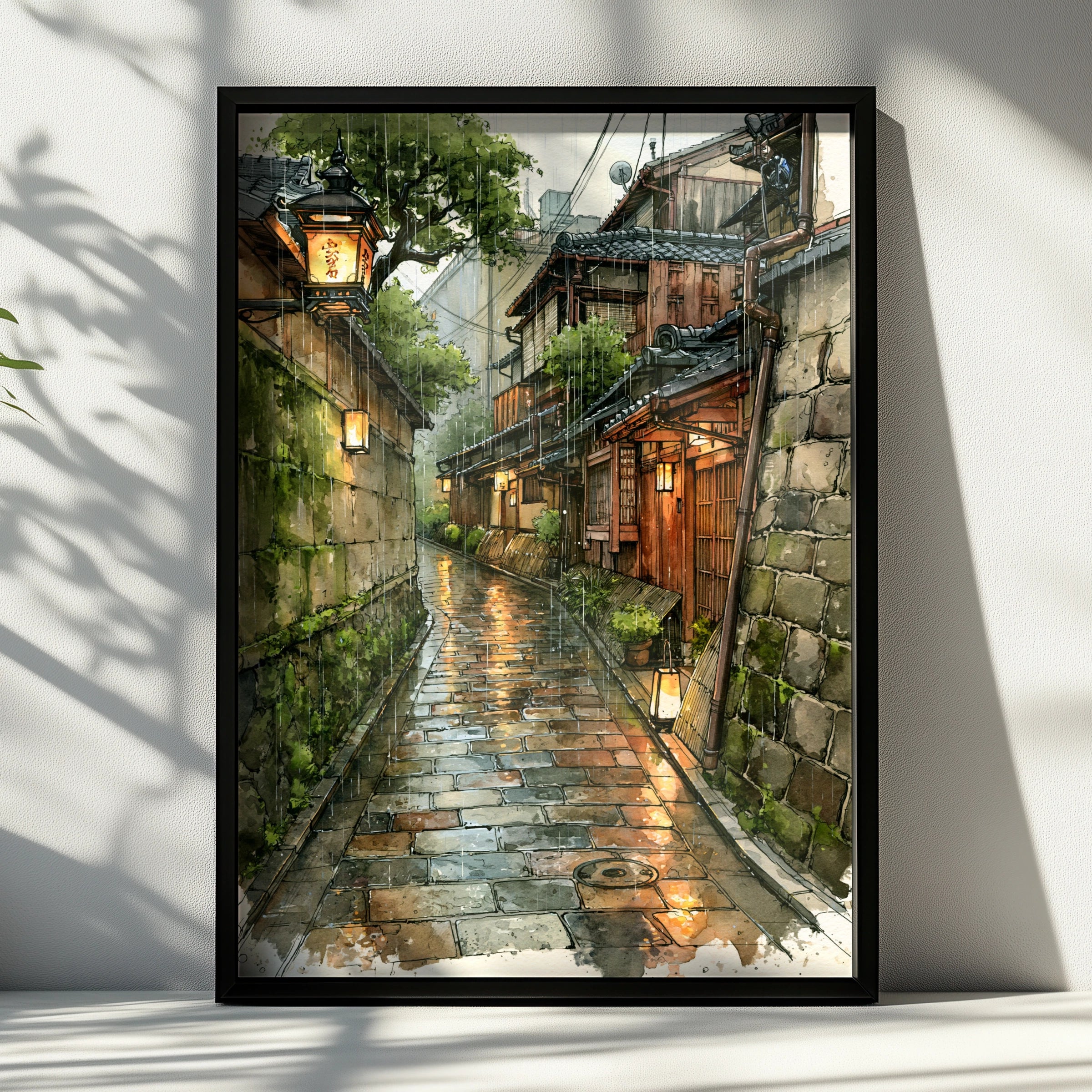 Kyoto Rainy Street Poster, Japanese Alley Wall Art, Watercolour Print