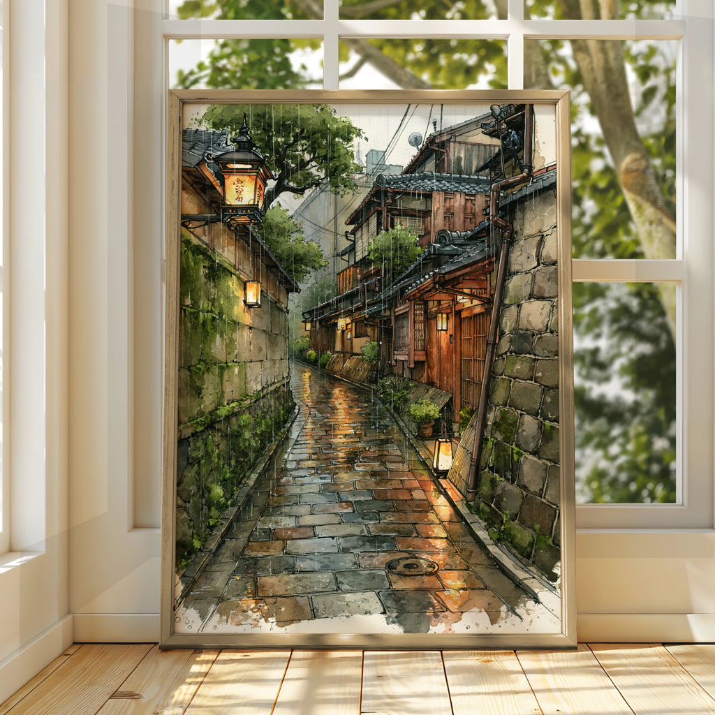 Kyoto Rainy Street Poster, Japanese Alley Wall Art, Watercolour Print