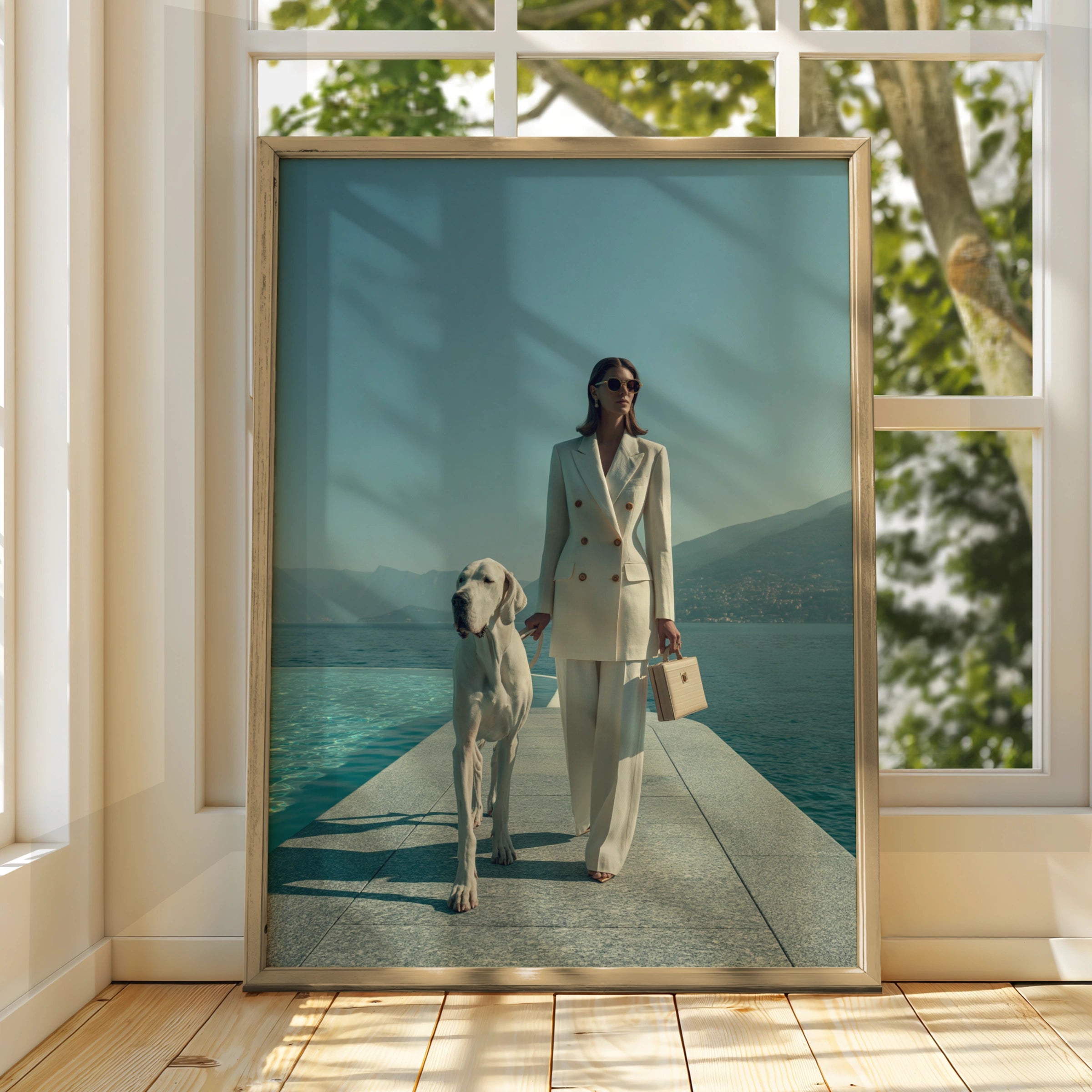 Woman & Great Dane Dog Lakeside Poster, Elegant Fashion Wall Art Print