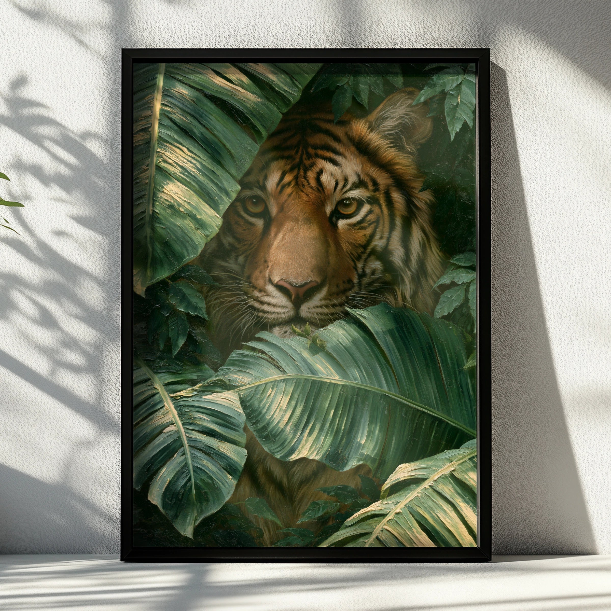 Tiger in Jungle Leaves Poster, Tropical Animal Wall Art, Oil Painting Style
