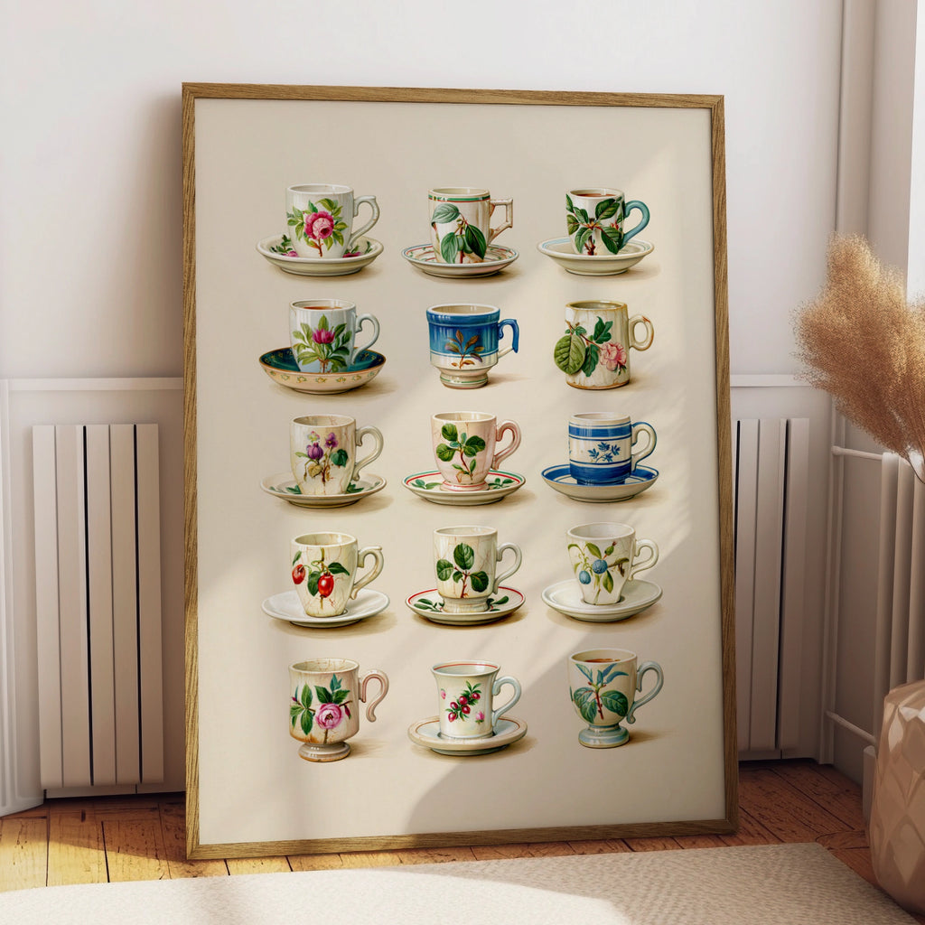 Vintage Floral Teacup Collection Poster, Botanical Ceramic Art Print