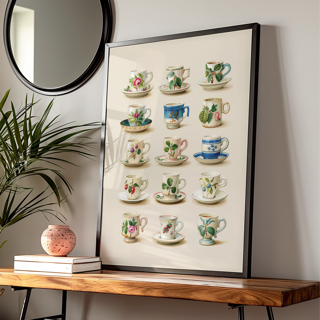 Vintage Floral Teacup Collection Poster, Botanical Ceramic Art Print