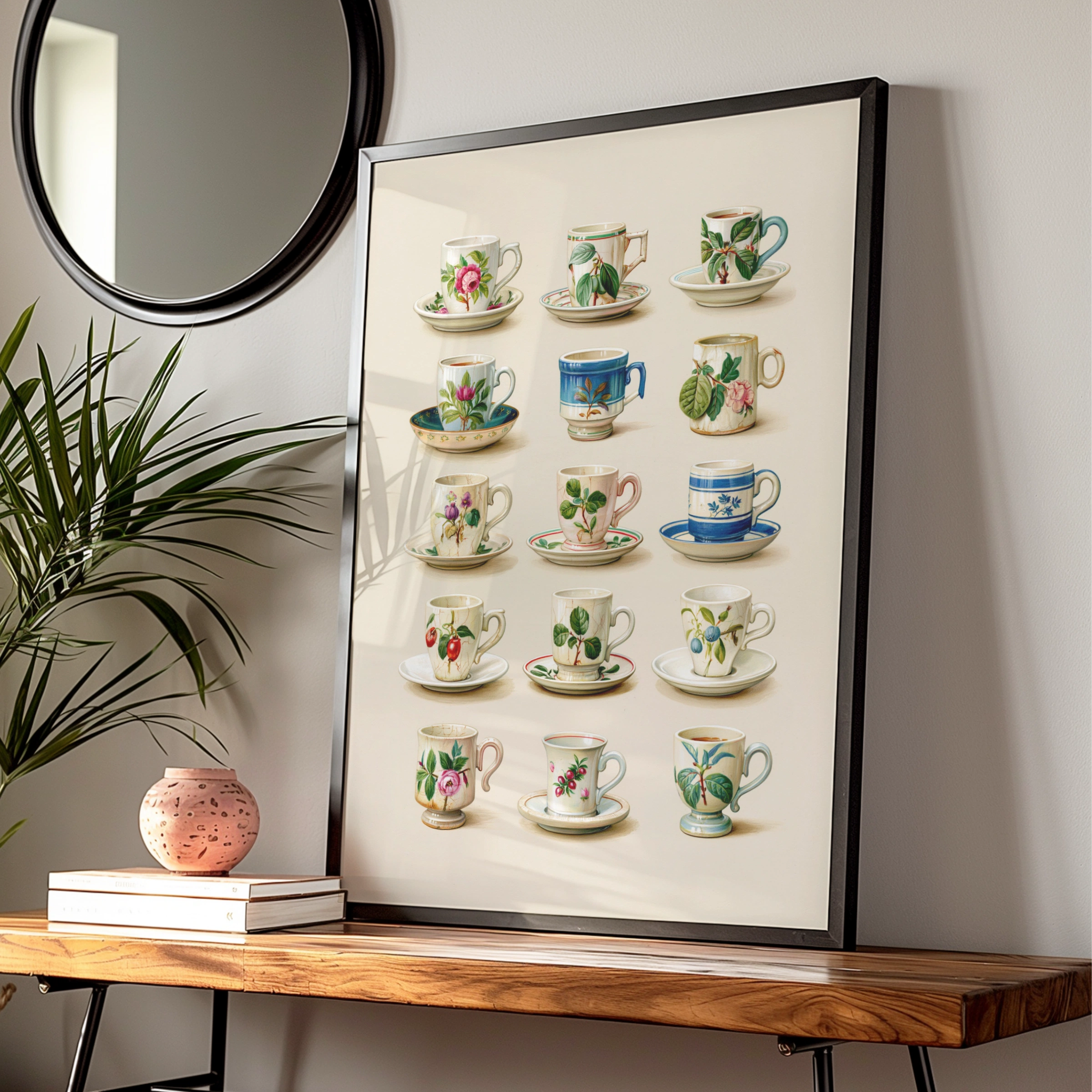 Vintage Floral Teacup Collection Poster, Botanical Ceramic Art Print