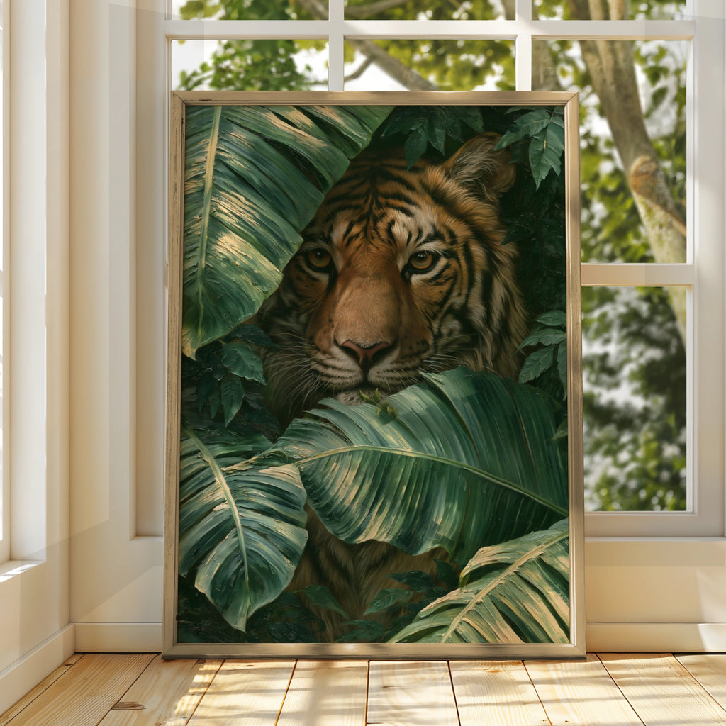Tiger in Jungle Leaves Poster, Tropical Animal Wall Art, Oil Painting Style