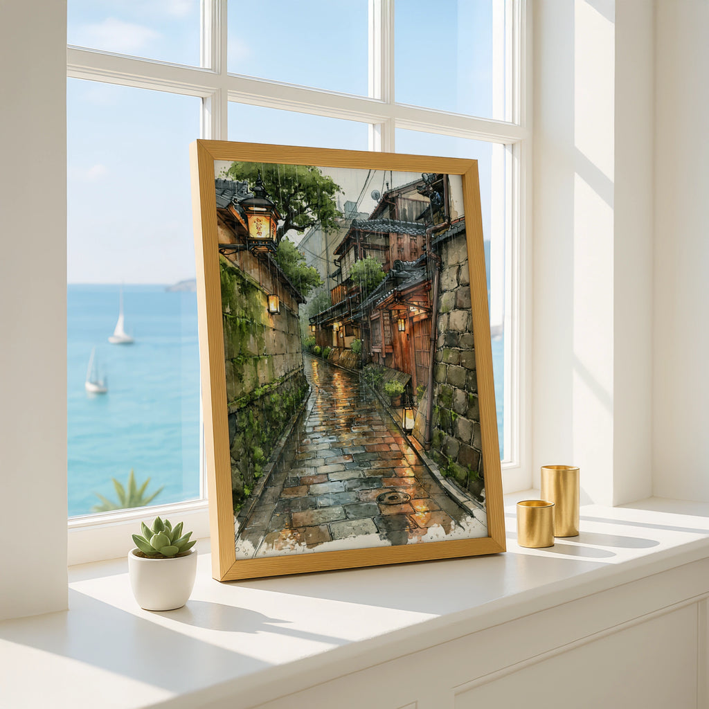 Kyoto Rainy Street Poster, Japanese Alley Wall Art, Watercolour Print