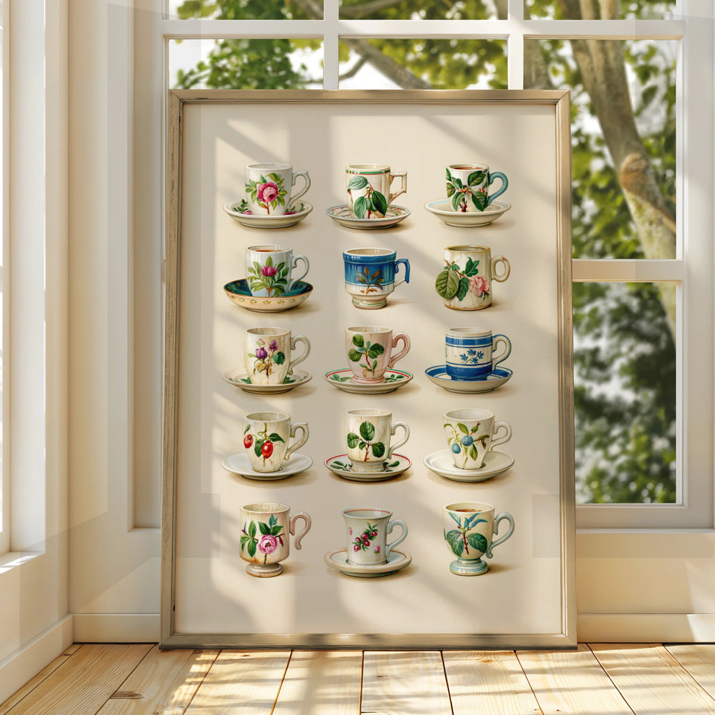 Vintage Floral Teacup Collection Poster, Botanical Ceramic Art Print