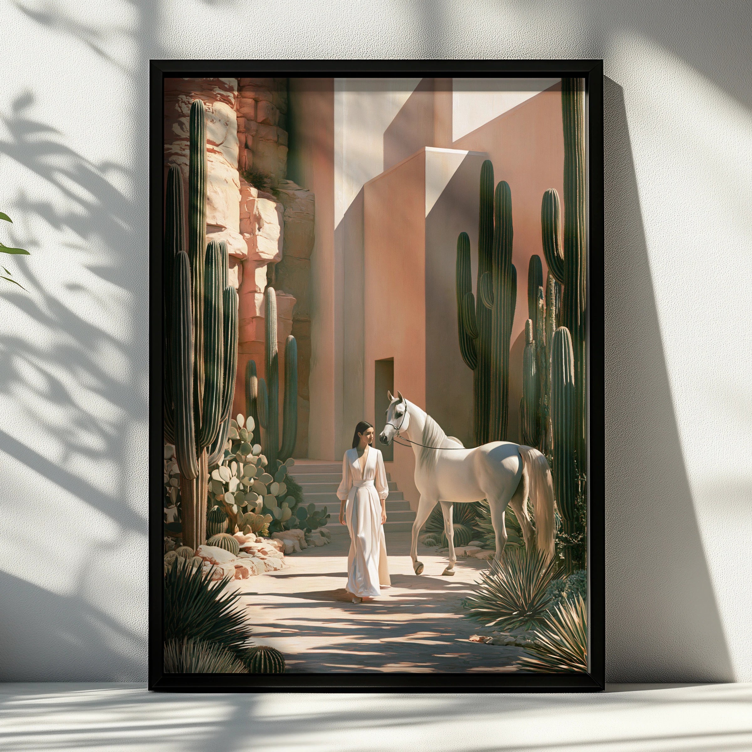 Woman White Horse Cactus Desert Wall Art Poster, Boho Southwest Print