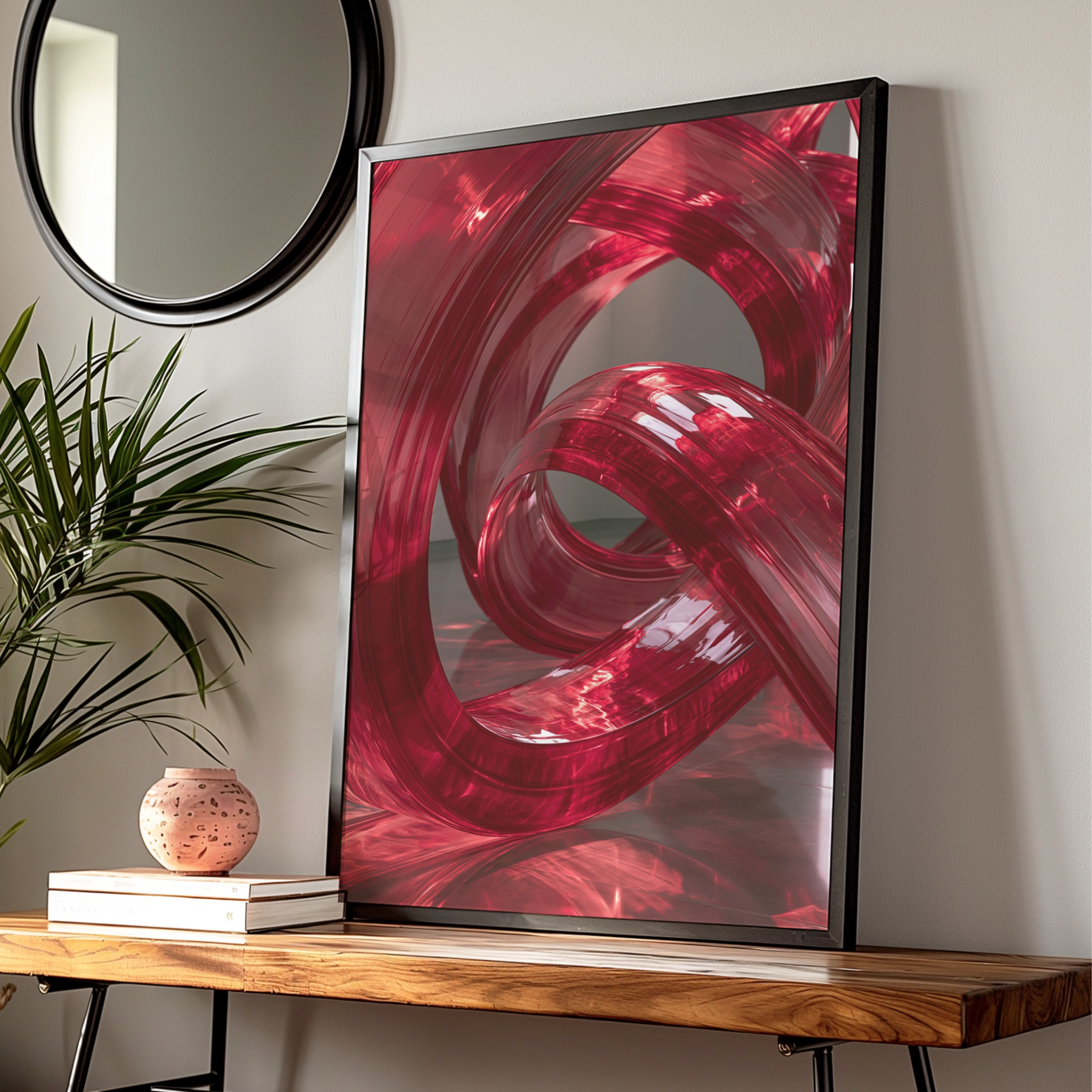 Red Abstract Modern Wall Art Poster, Glossy 3D Swirl Print