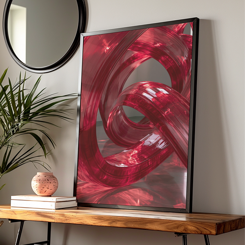 Red Abstract Modern Wall Art Poster, Glossy 3D Swirl Print
