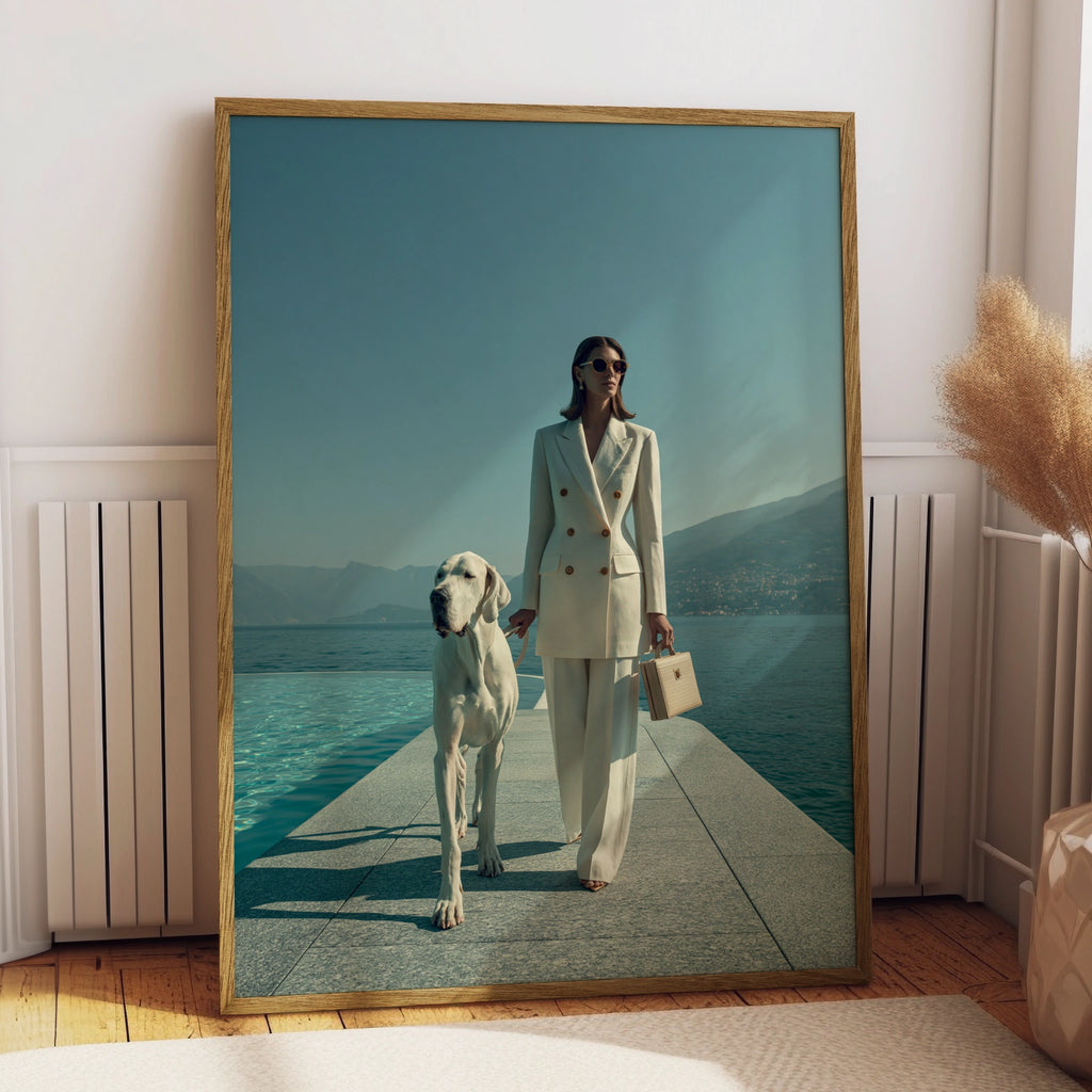 Woman & Great Dane Dog Lakeside Poster, Elegant Fashion Wall Art Print