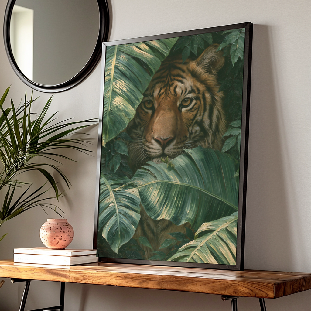 Tiger in Jungle Leaves Poster, Tropical Animal Wall Art, Oil Painting Style