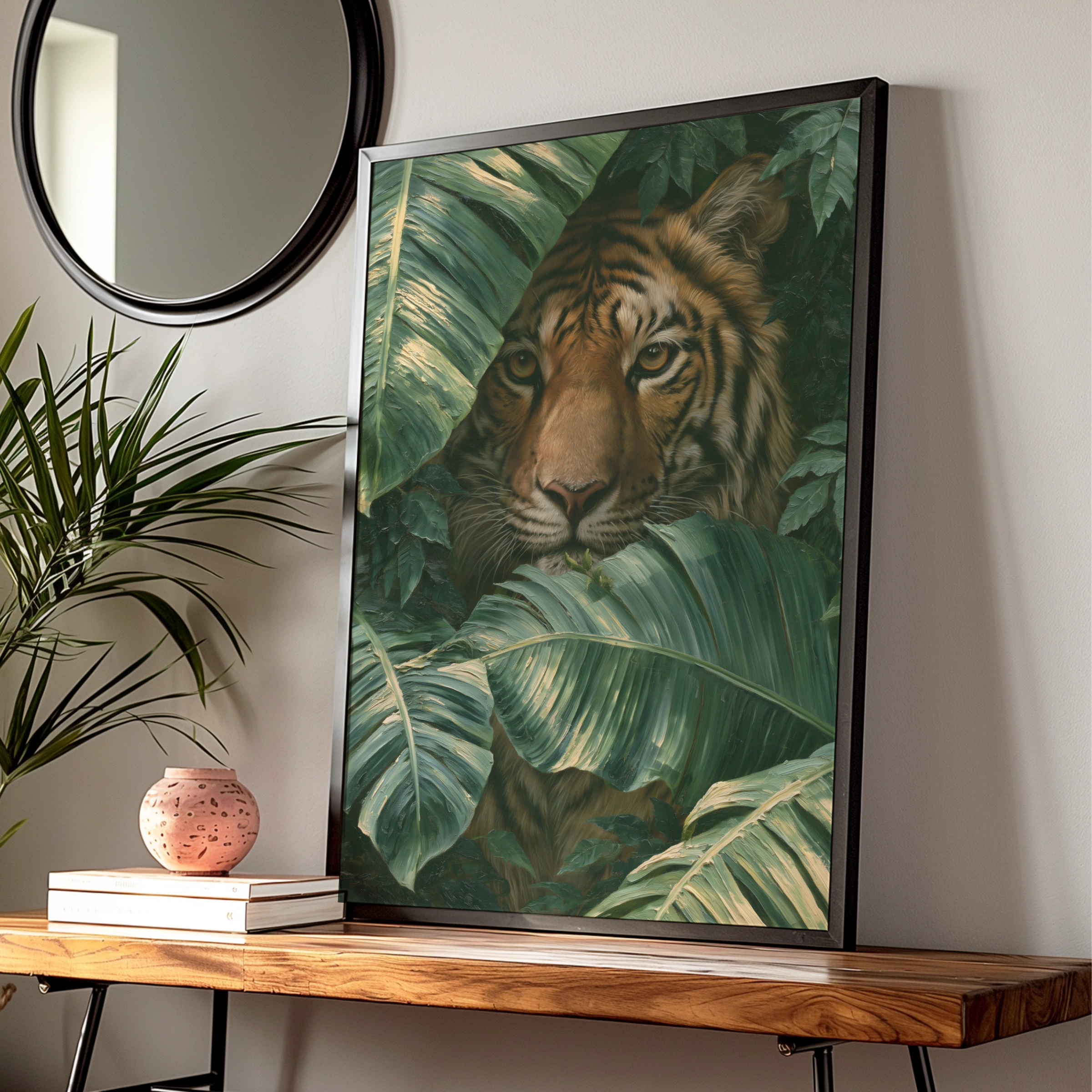 Tiger in Jungle Leaves Poster, Tropical Animal Wall Art, Oil Painting Style