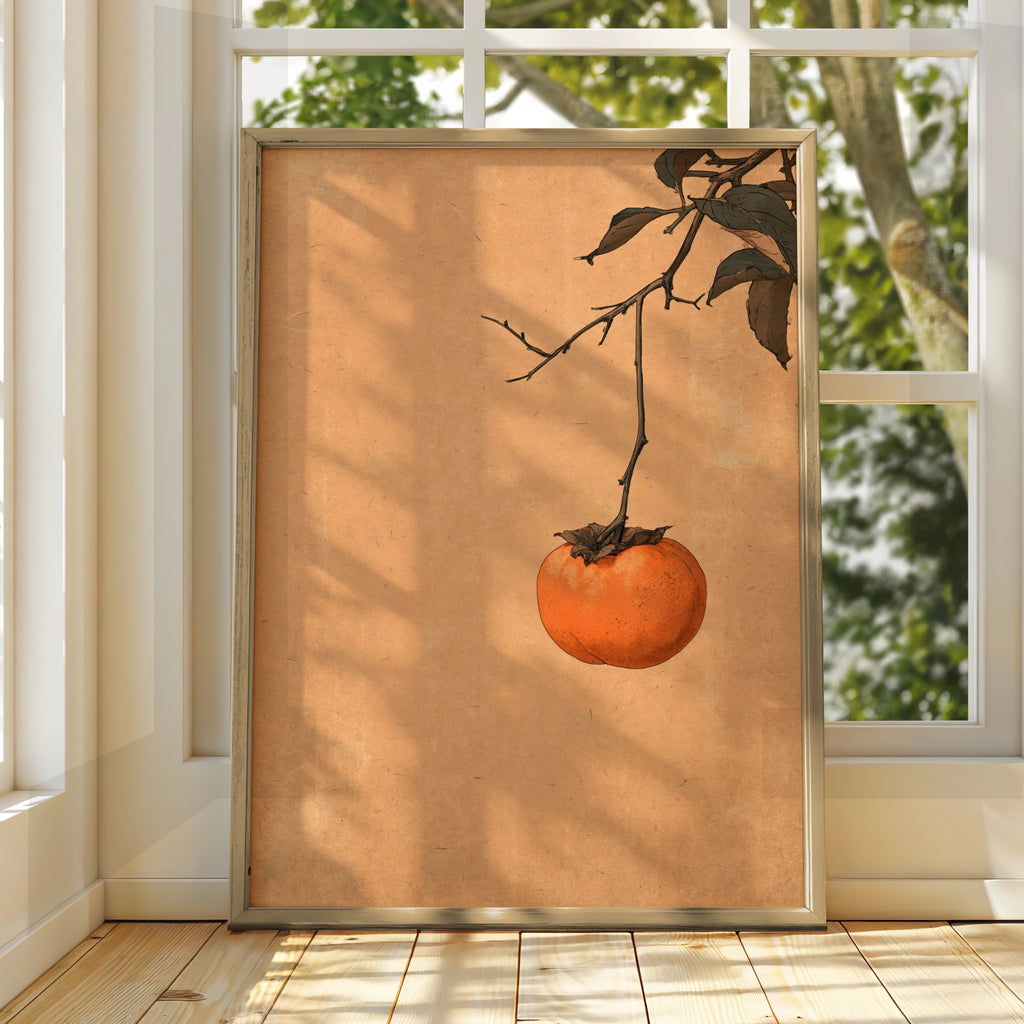 Persimmon Study Wall Art Poster, Botanical Fruit Print, Japanese Ink Style
