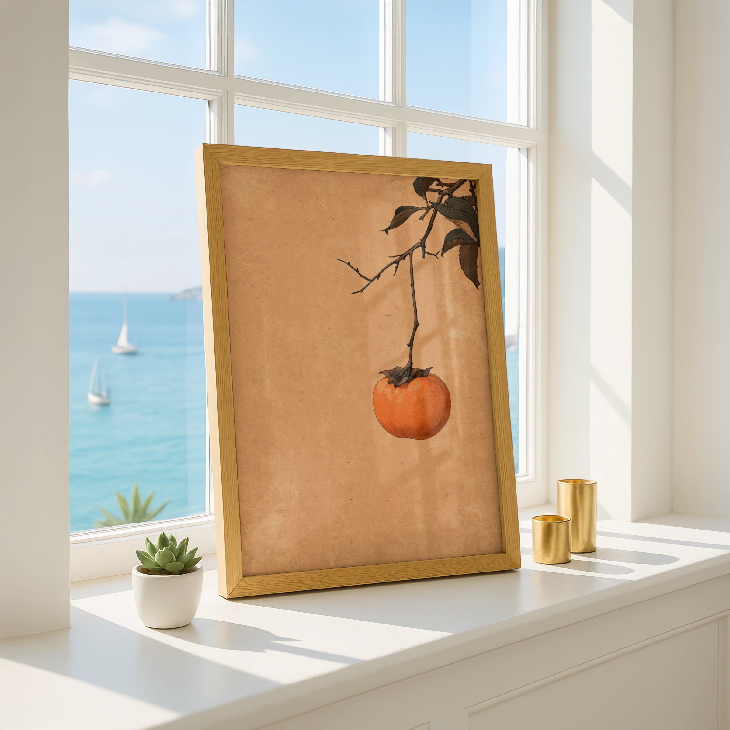 Persimmon Study Wall Art Poster, Botanical Fruit Print, Japanese Ink Style
