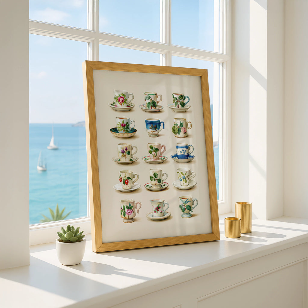 Vintage Floral Teacup Collection Poster, Botanical Ceramic Art Print