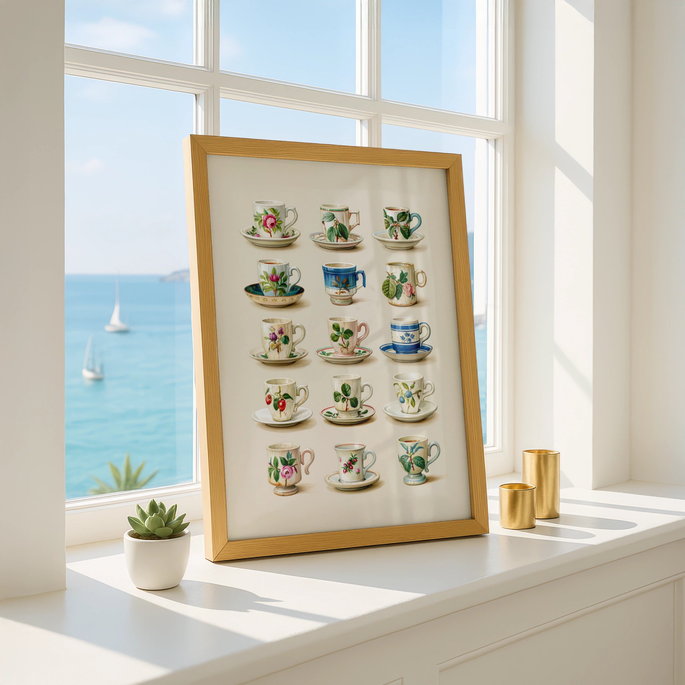 Vintage Floral Teacup Collection Poster, Botanical Ceramic Art Print