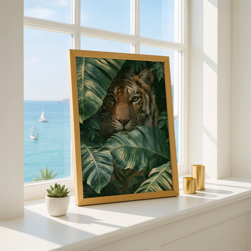 Tiger in Jungle Leaves Poster, Tropical Animal Wall Art, Oil Painting Style