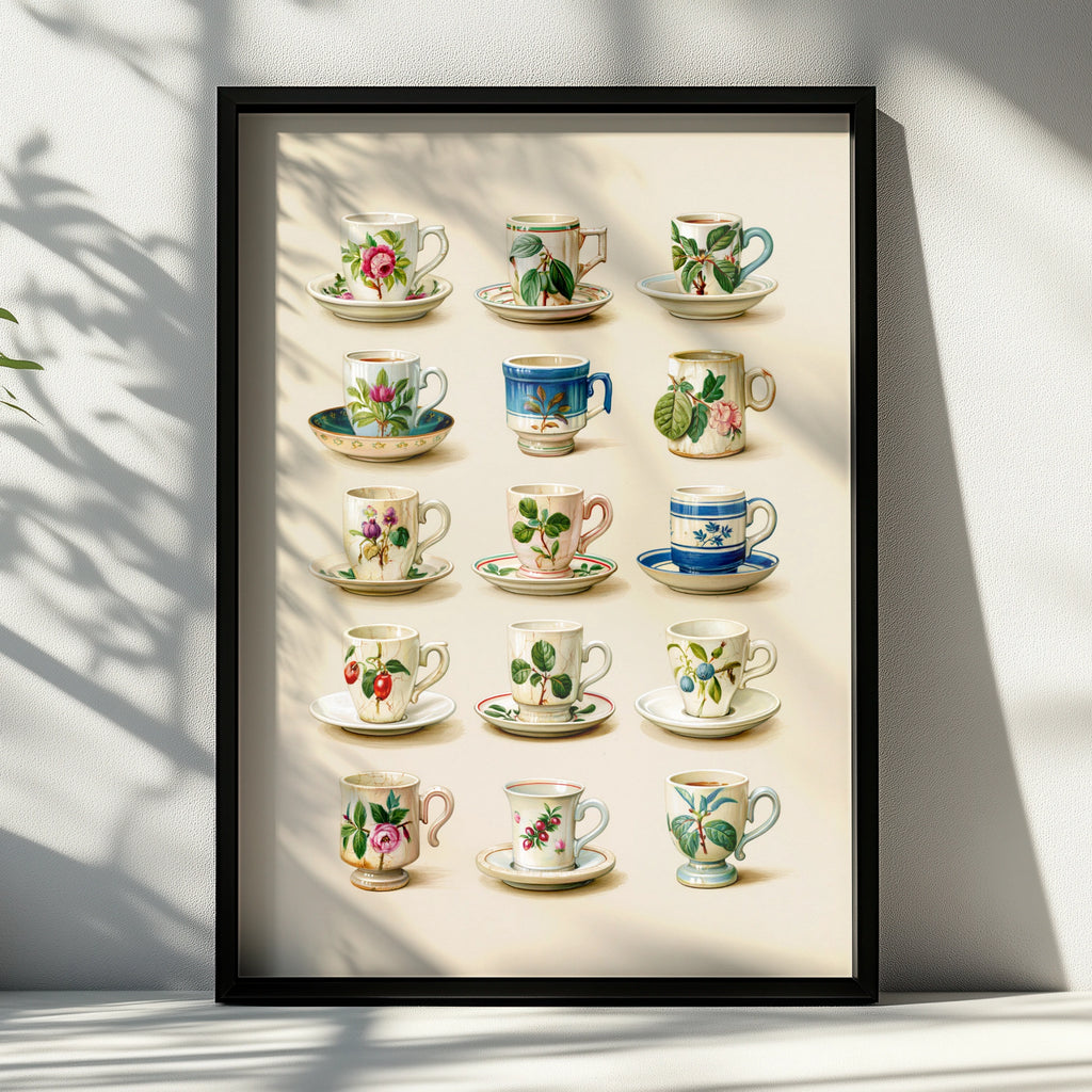 Vintage Floral Teacup Collection Poster, Botanical Ceramic Art Print