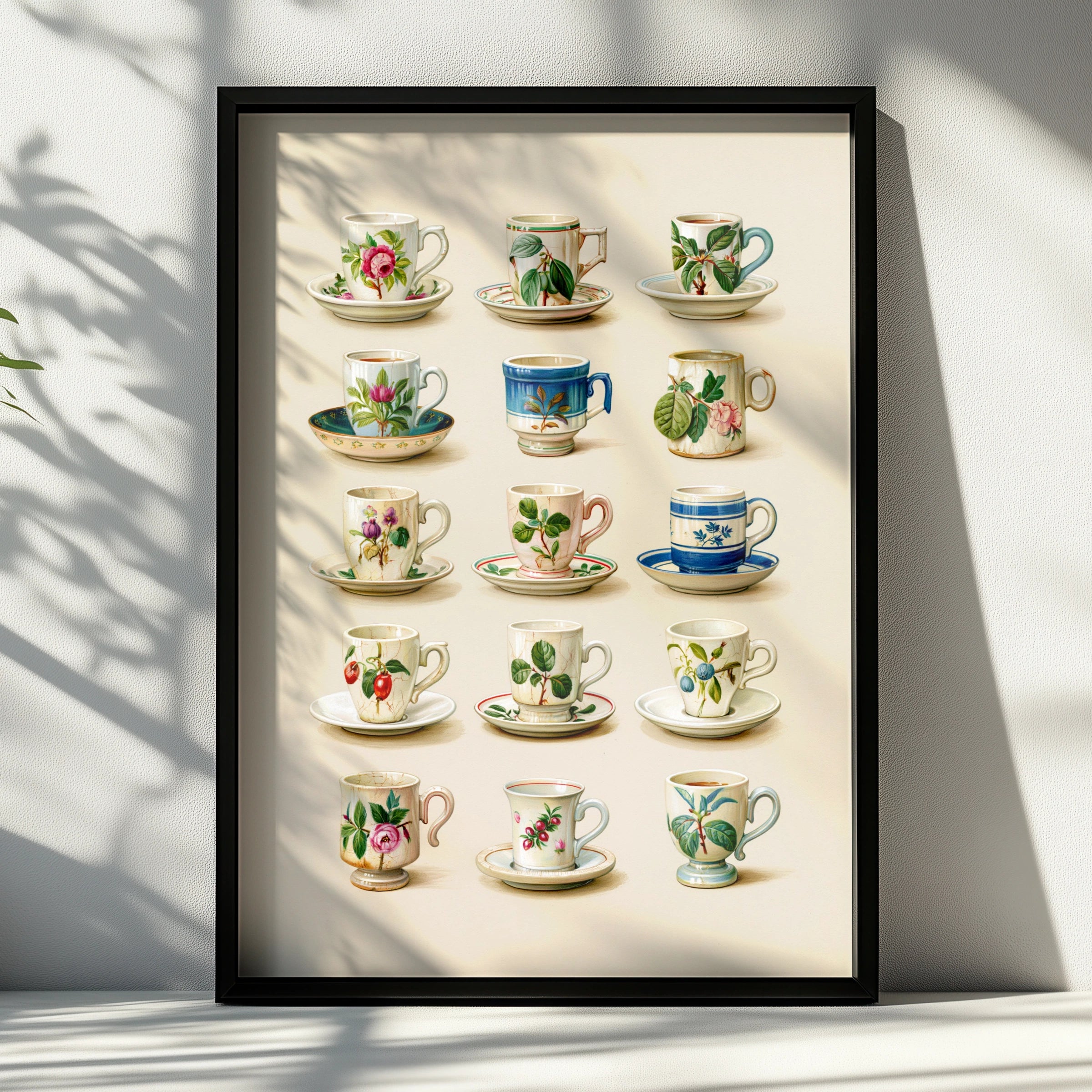 Vintage Floral Teacup Collection Poster, Botanical Ceramic Art Print