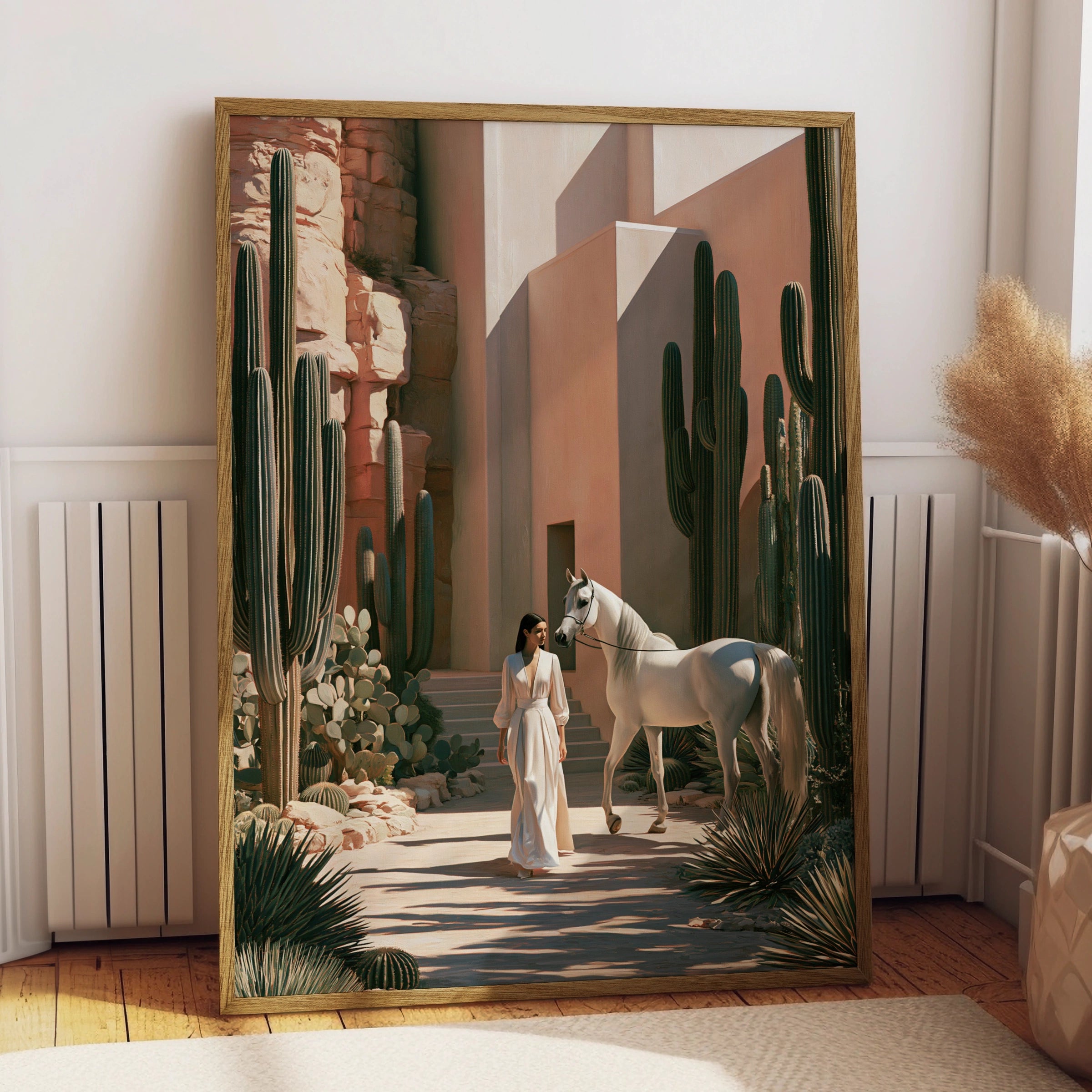 Woman White Horse Cactus Desert Wall Art Poster, Boho Southwest Print