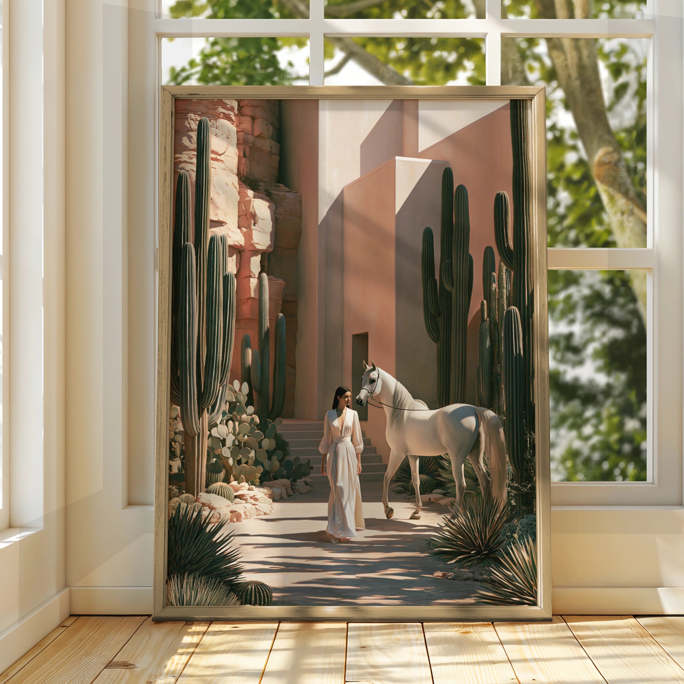 Woman White Horse Cactus Desert Wall Art Poster, Boho Southwest Print
