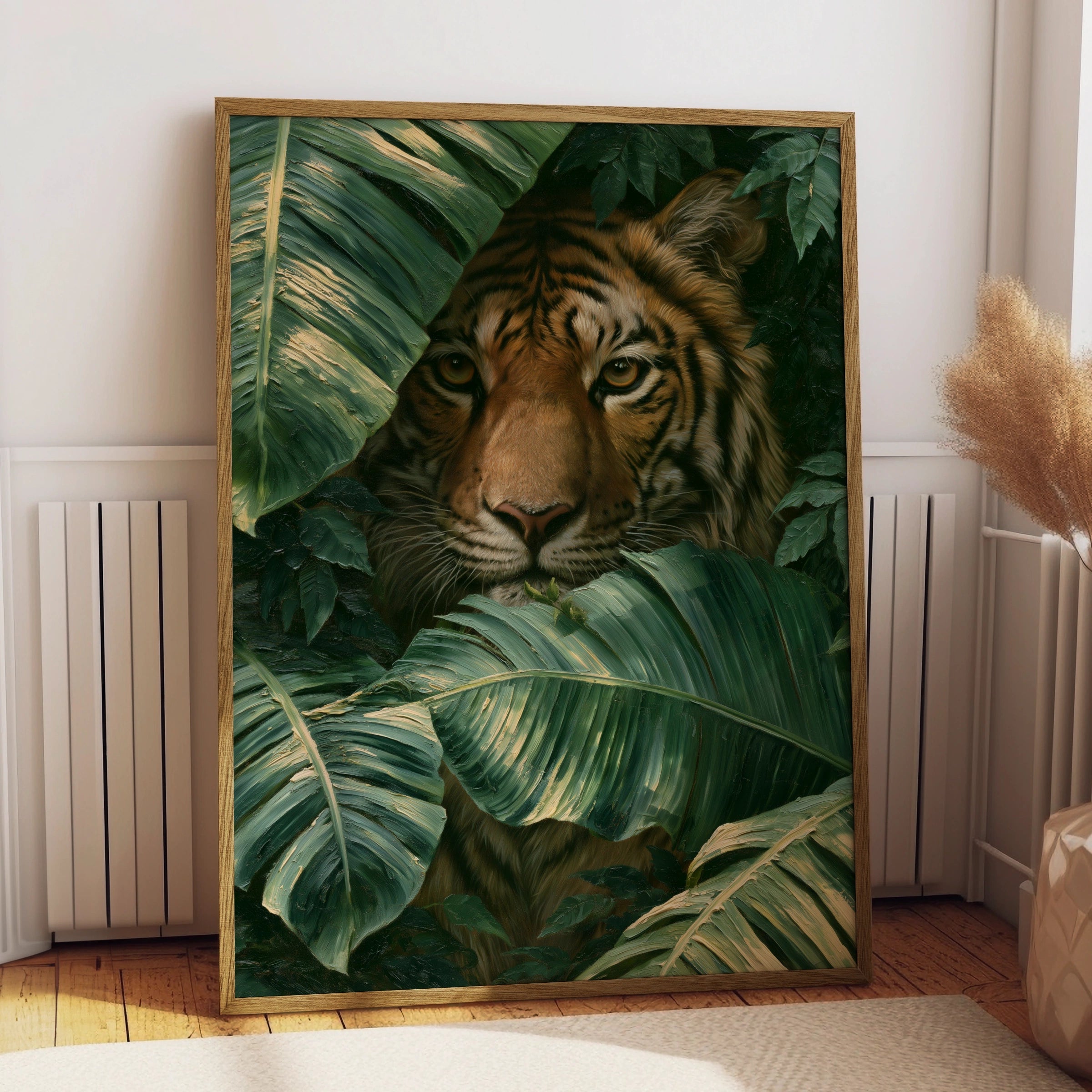 Tiger in Jungle Leaves Poster, Tropical Animal Wall Art, Oil Painting Style
