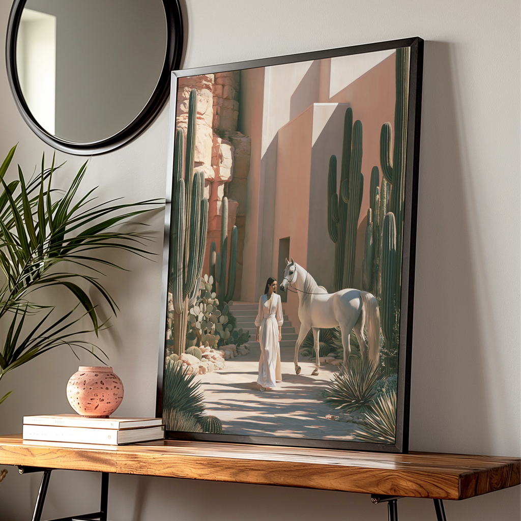 Woman White Horse Cactus Desert Wall Art Poster, Boho Southwest Print