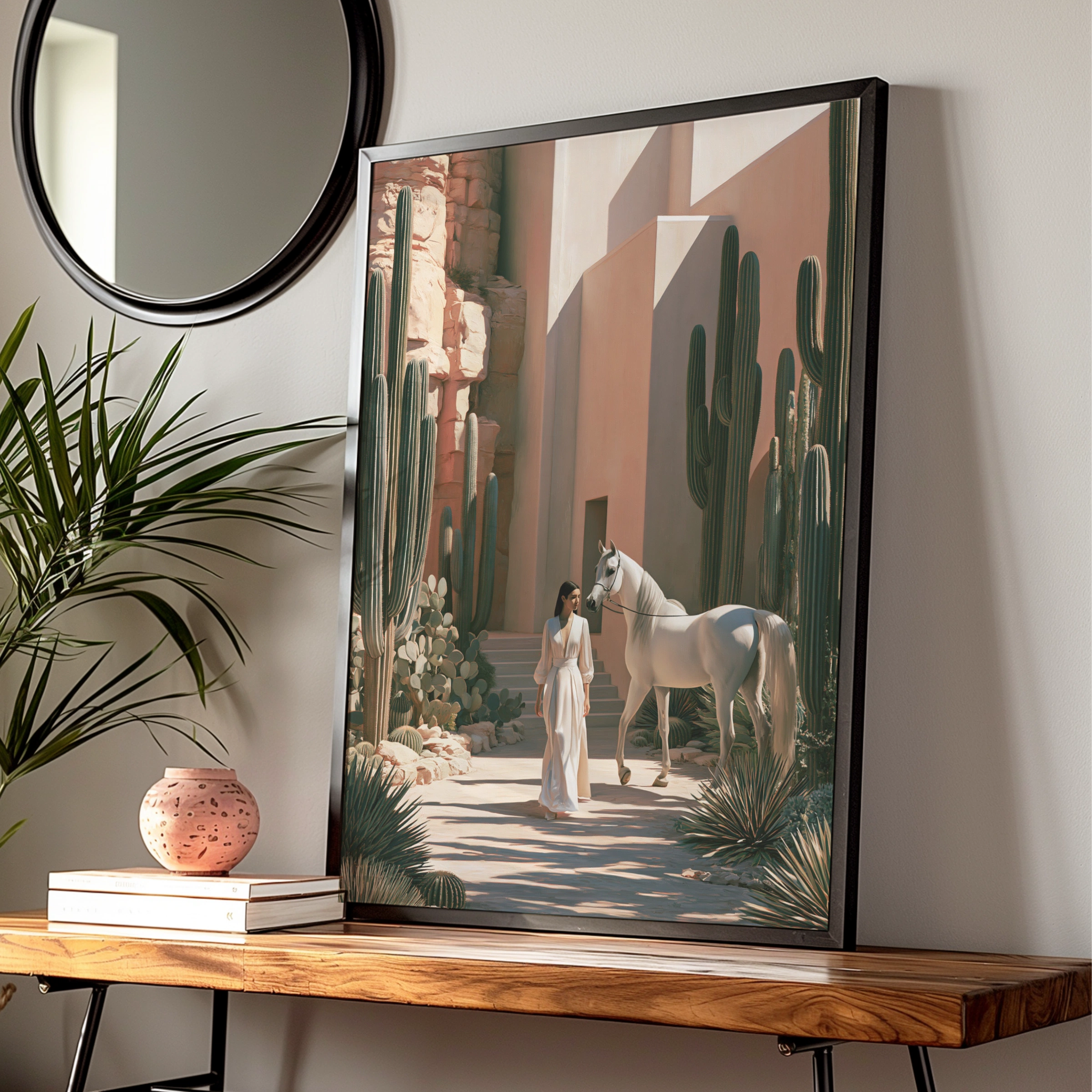 Woman White Horse Cactus Desert Wall Art Poster, Boho Southwest Print