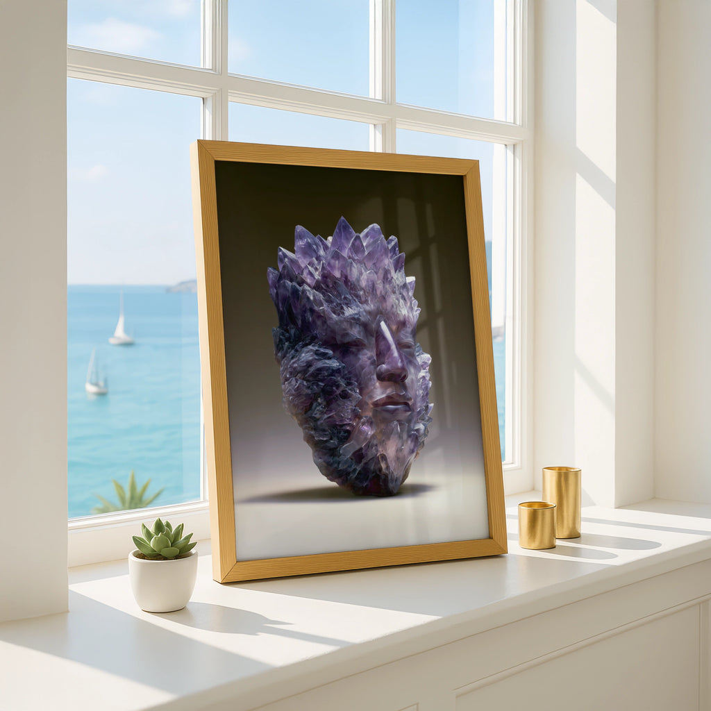 Amethyst Crystal Face Mask Poster, Purple Gemstone Head Art Print