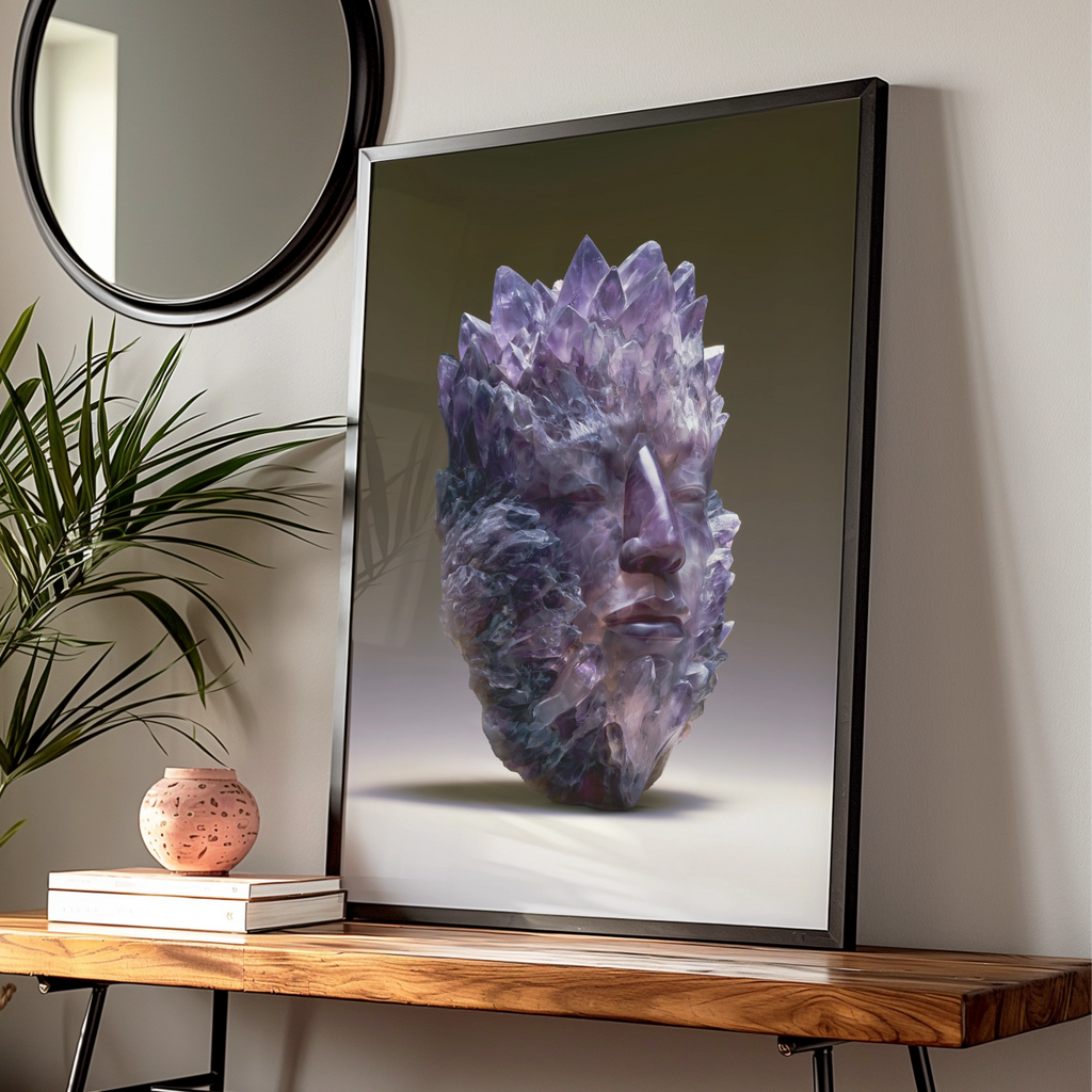 Amethyst Crystal Face Mask Poster, Purple Gemstone Head Art Print