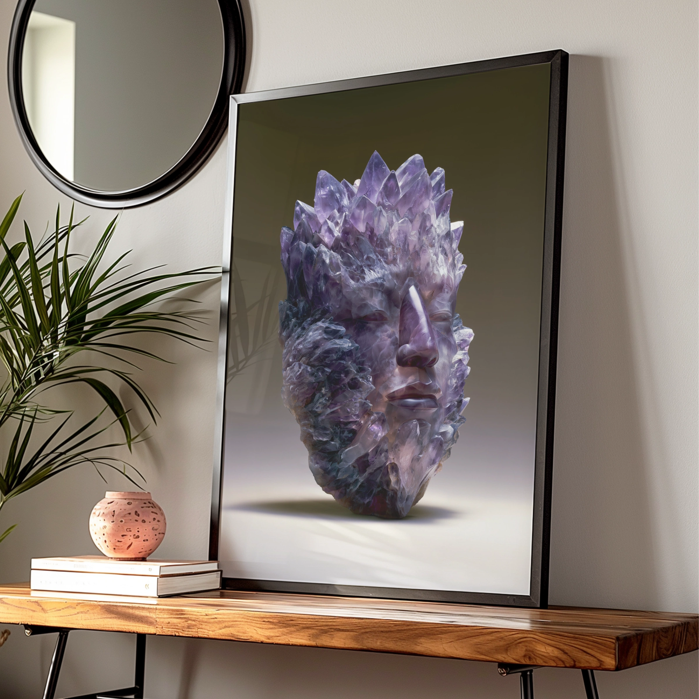 Amethyst Crystal Face Mask Poster, Purple Gemstone Head Art Print