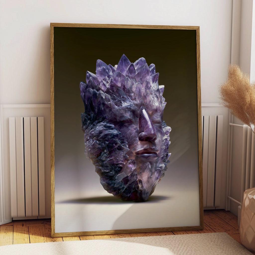 Amethyst Crystal Face Mask Poster, Purple Gemstone Head Art Print