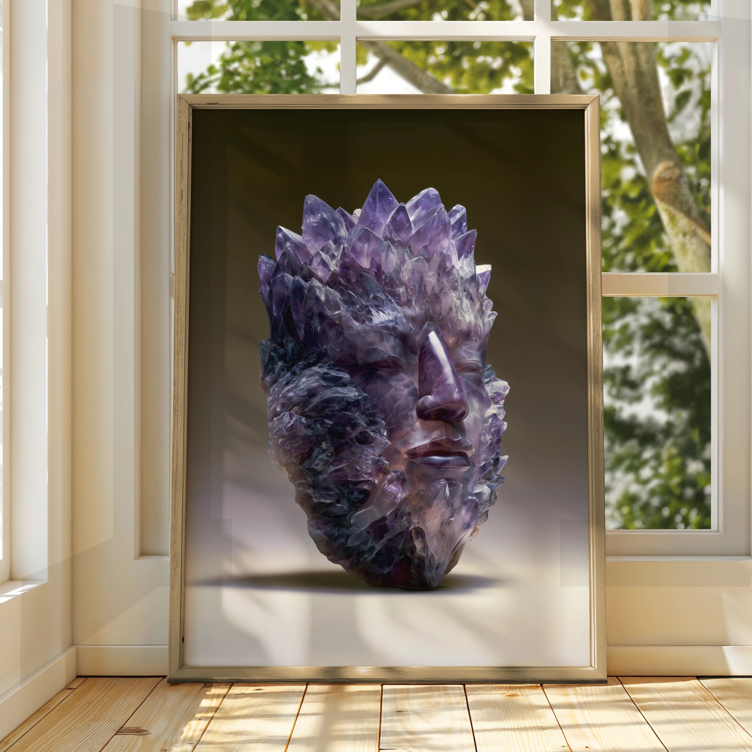 Amethyst Crystal Face Mask Poster, Purple Gemstone Head Art Print
