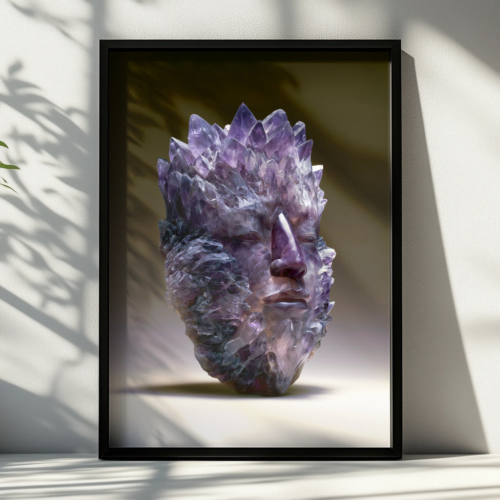 Amethyst Crystal Face Mask Poster, Purple Gemstone Head Art Print