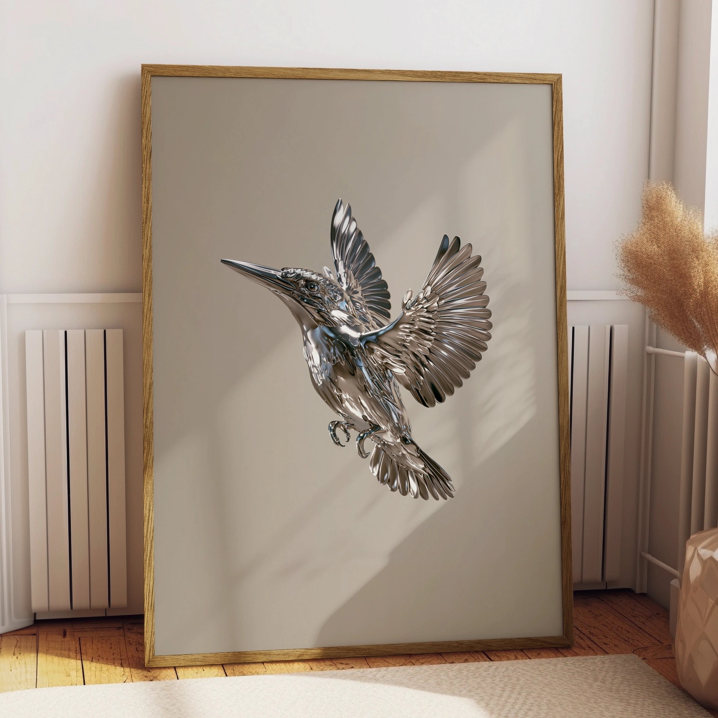 Chrome Kingfisher Bird Poster, Metallic Silver Flying Bird, Modern Wall Art