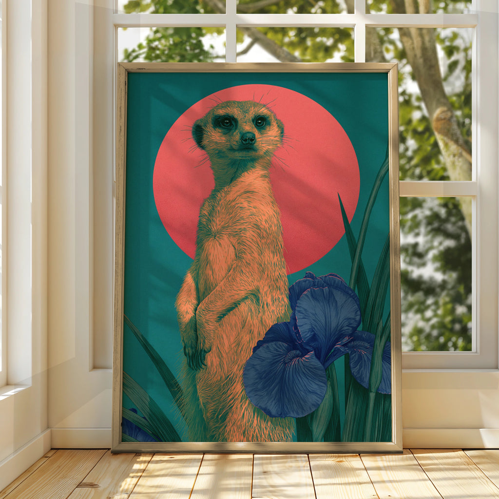 Meerkat Red Sun Poster, Bold Teal Wildlife Wall Art, Floral Iris Print