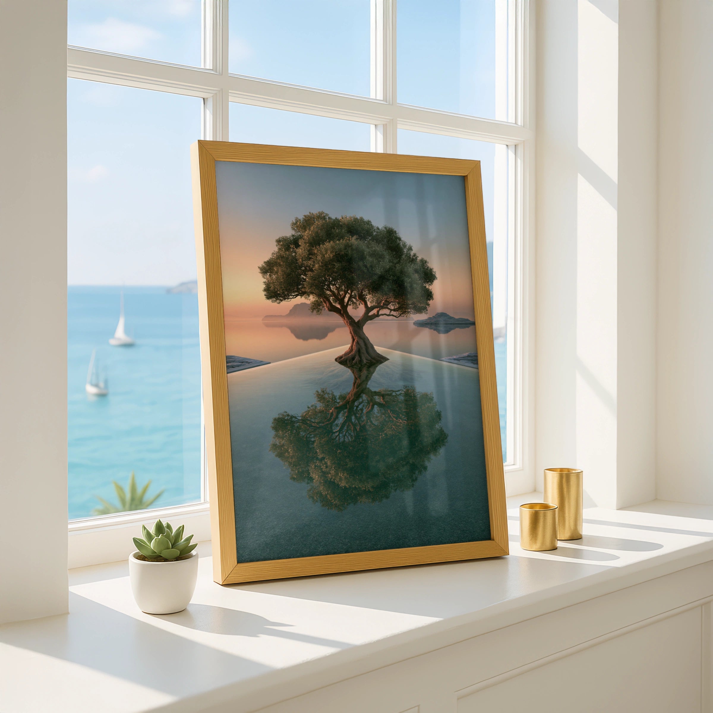 Olive Tree Reflection Pool Poster, Sunset Seascape, Minimalist Nature Print