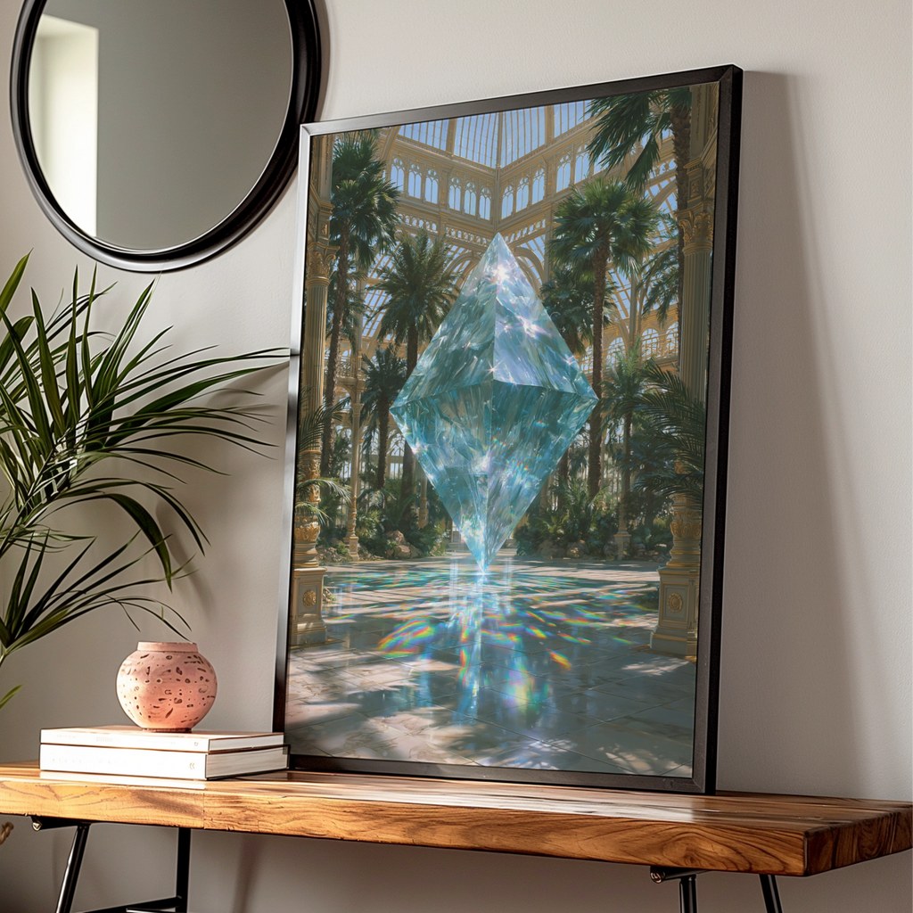 Crystal Giant Greenhouse Poster, Floating Gem Abstract Art Print, Surreal Botanical