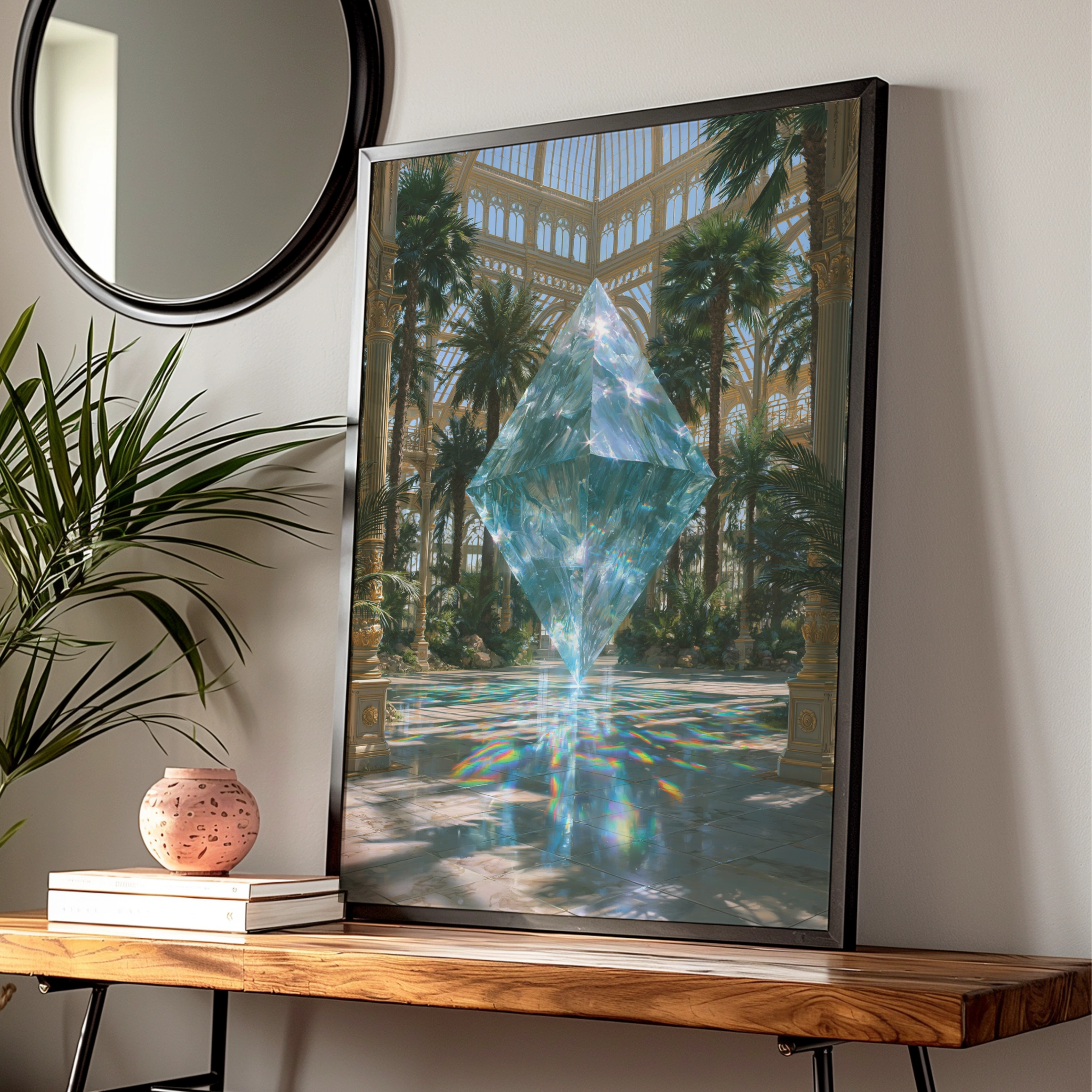 Crystal Giant Greenhouse Poster, Floating Gem Abstract Art Print, Surreal Botanical