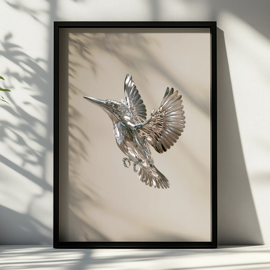 Chrome Kingfisher Bird Poster, Metallic Silver Flying Bird, Modern Wall Art