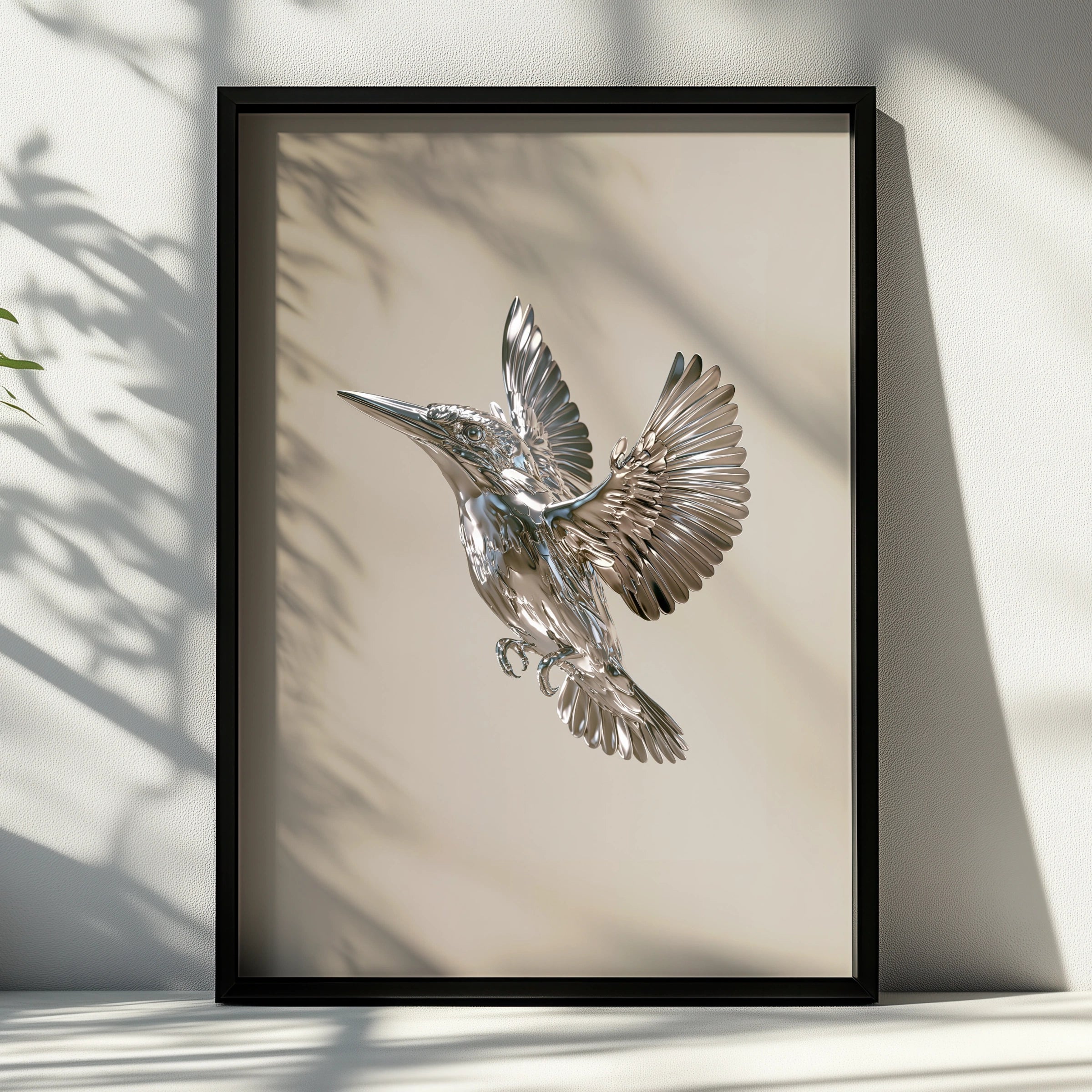 Chrome Kingfisher Bird Poster, Metallic Silver Flying Bird, Modern Wall Art