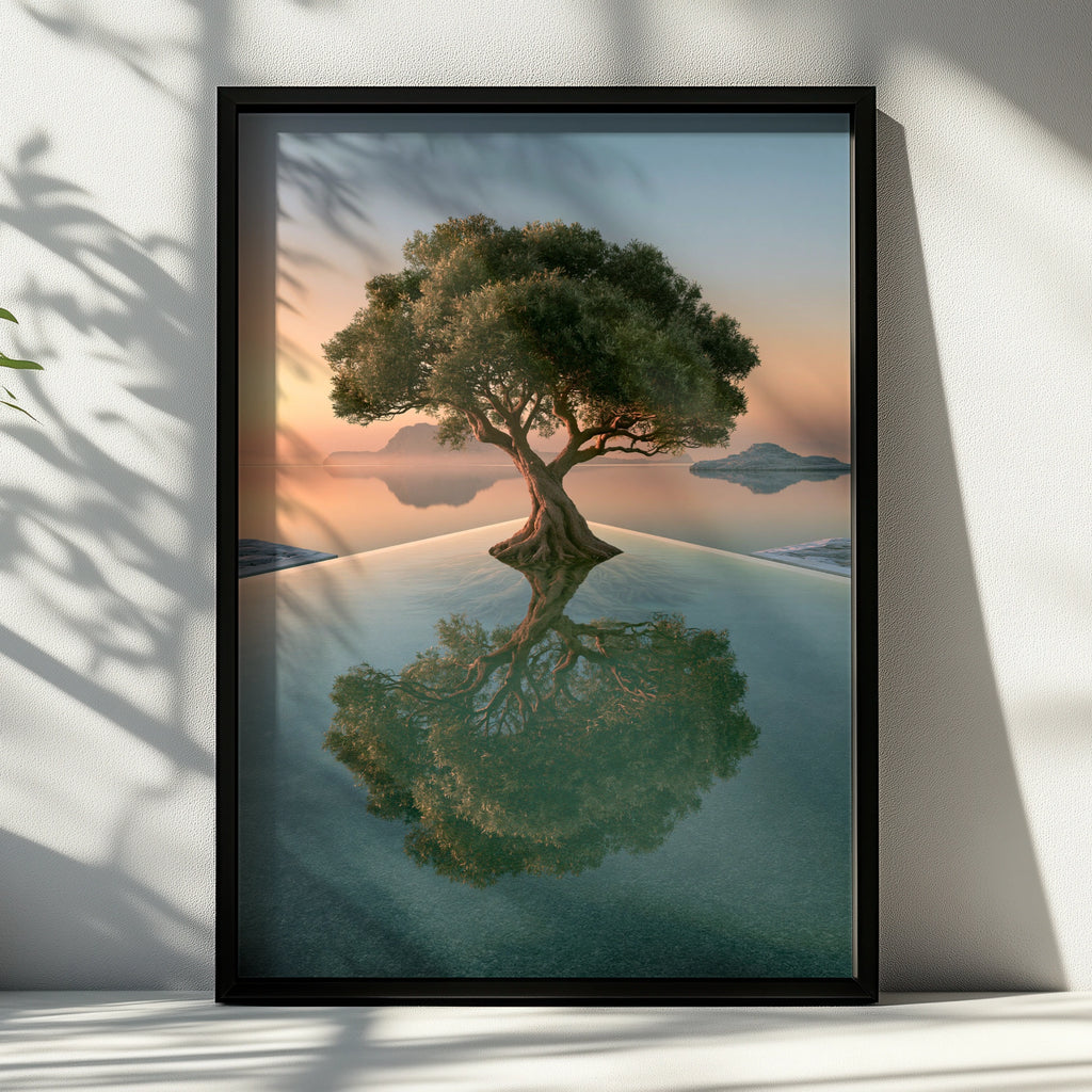 Olive Tree Reflection Pool Poster, Sunset Seascape, Minimalist Nature Print