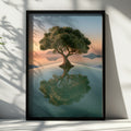 Olive Tree Reflection Pool Poster, Sunset Seascape, Minimalist Nature Print