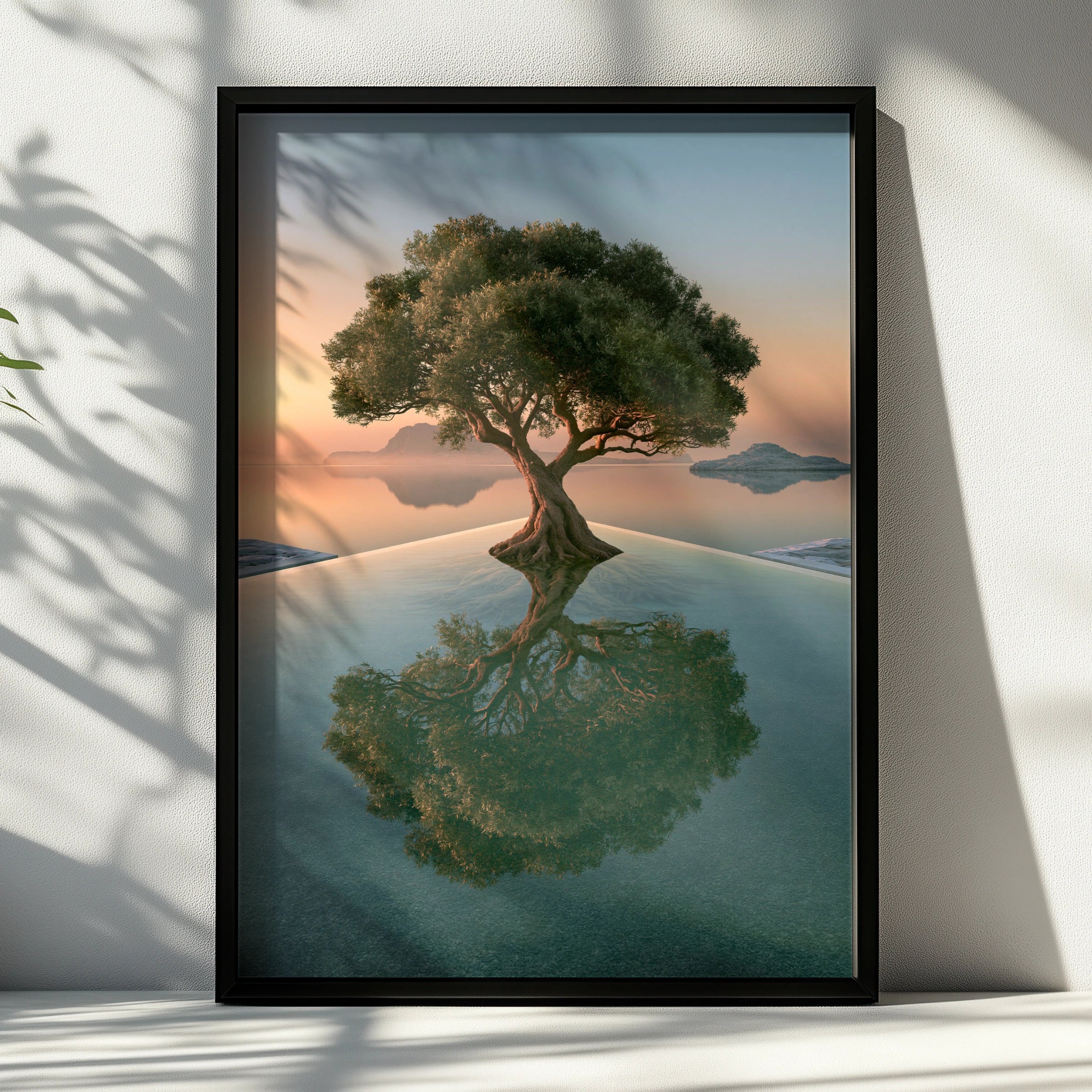Olive Tree Reflection Pool Poster, Sunset Seascape, Minimalist Nature Print