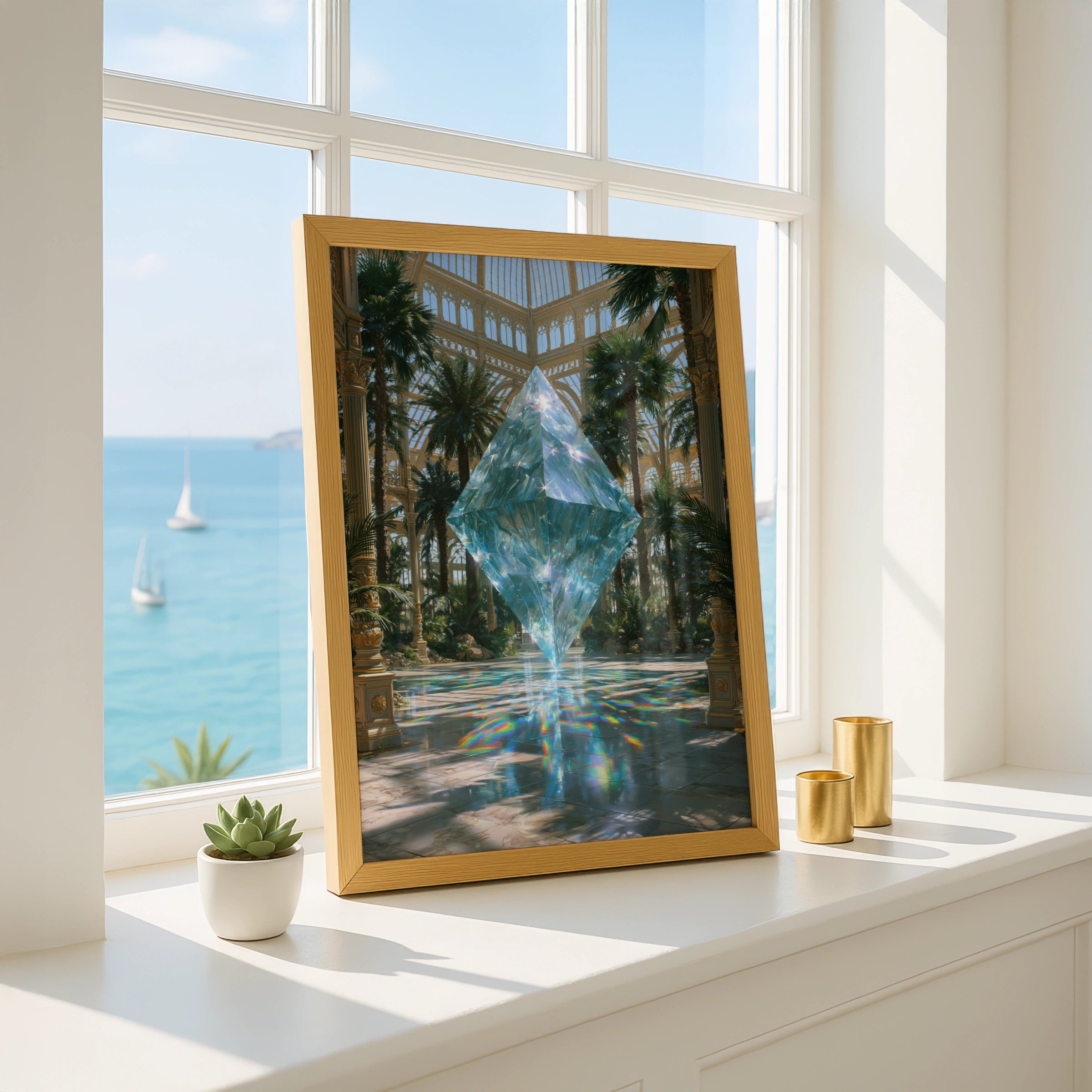 Crystal Giant Greenhouse Poster, Floating Gem Abstract Art Print, Surreal Botanical