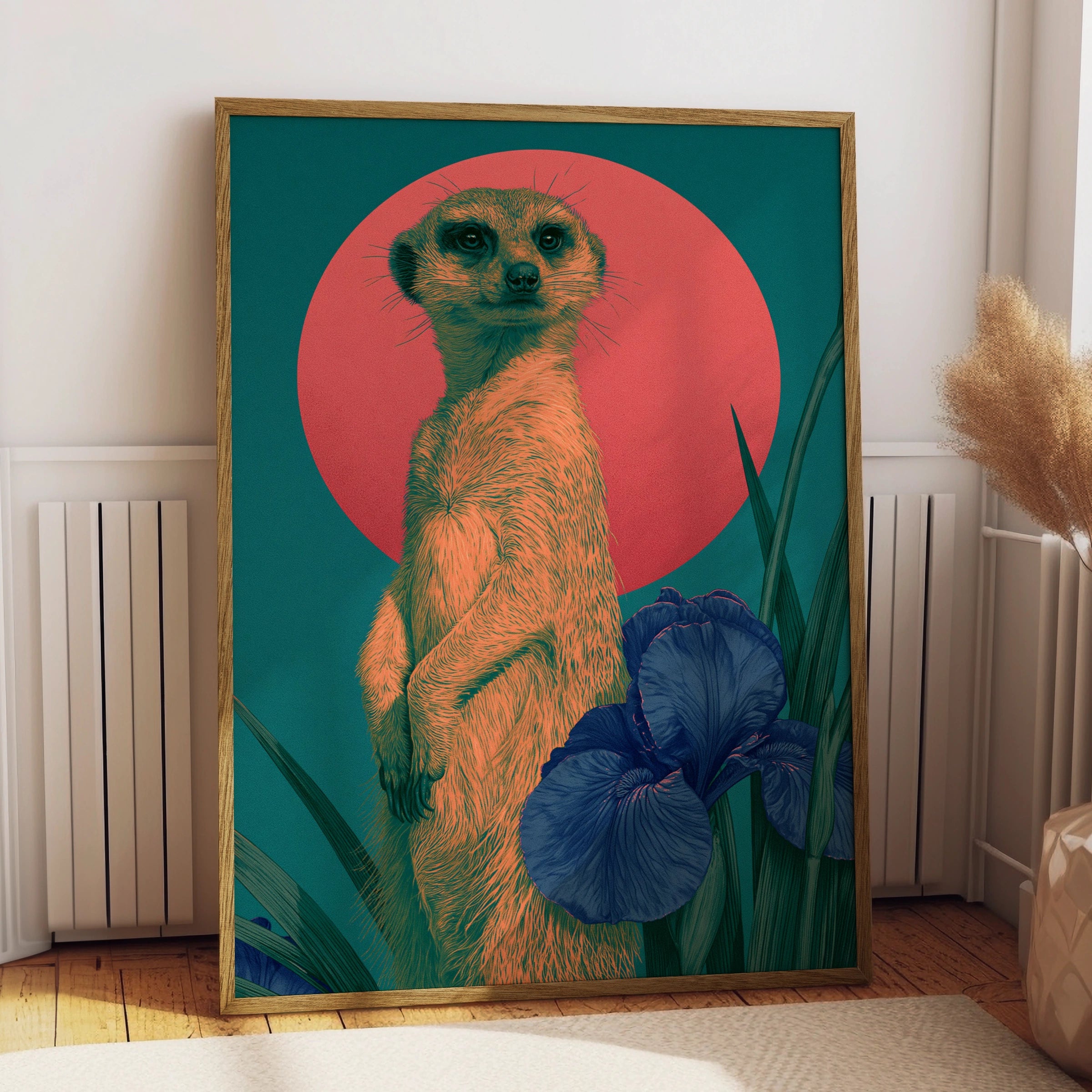 Meerkat Red Sun Poster, Bold Teal Wildlife Wall Art, Floral Iris Print