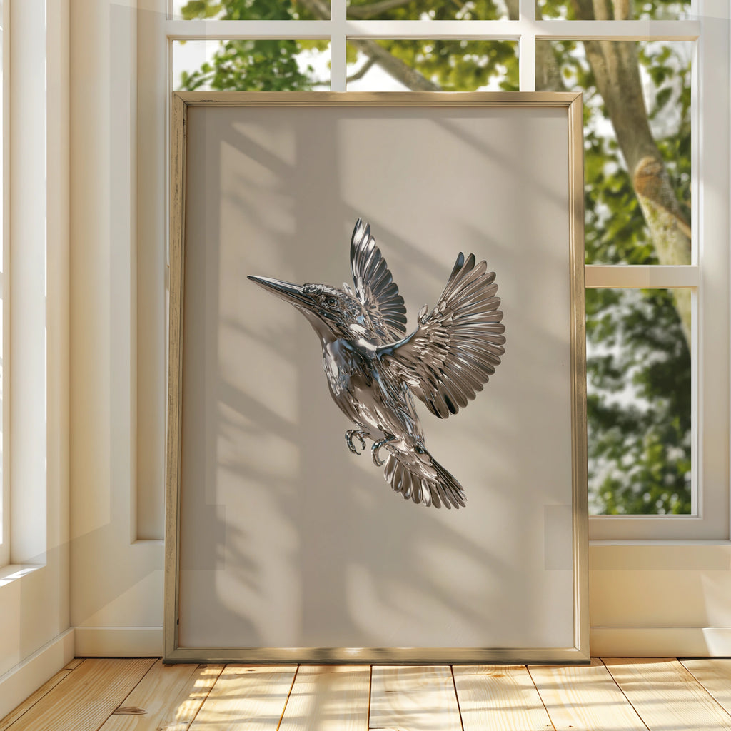 Chrome Kingfisher Bird Poster, Metallic Silver Flying Bird, Modern Wall Art